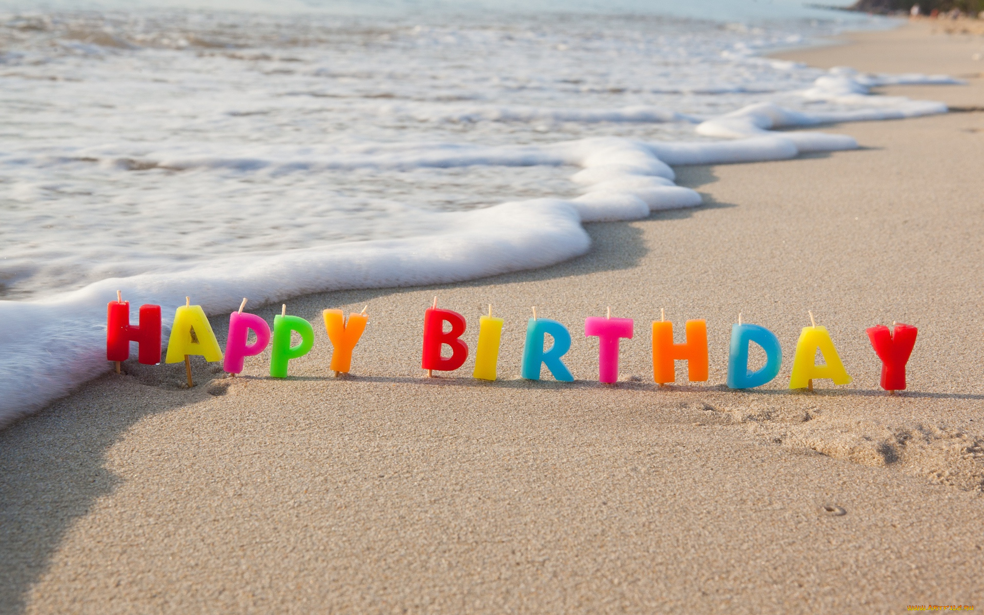 праздничные, день, рождения, свечи, буквы, песок, пляж, море, волна