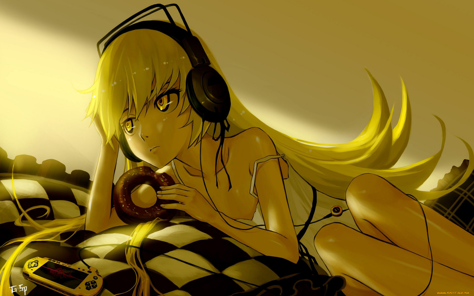 аниме, bakemonogatari, oshino, shinobu, девушка, платье, шлем, пончик, еда, наушники, psp, клетчатый, кровать, подушка