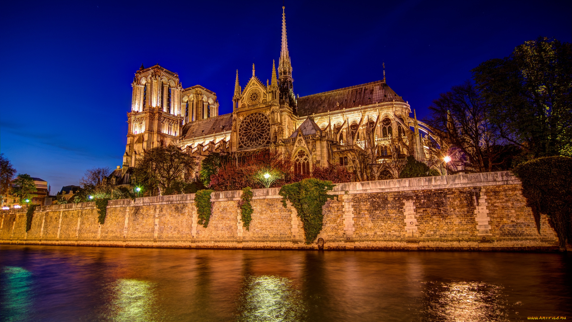 notre, dame, cathedral, in, paris, города, париж, , франция, ночь, собор, река