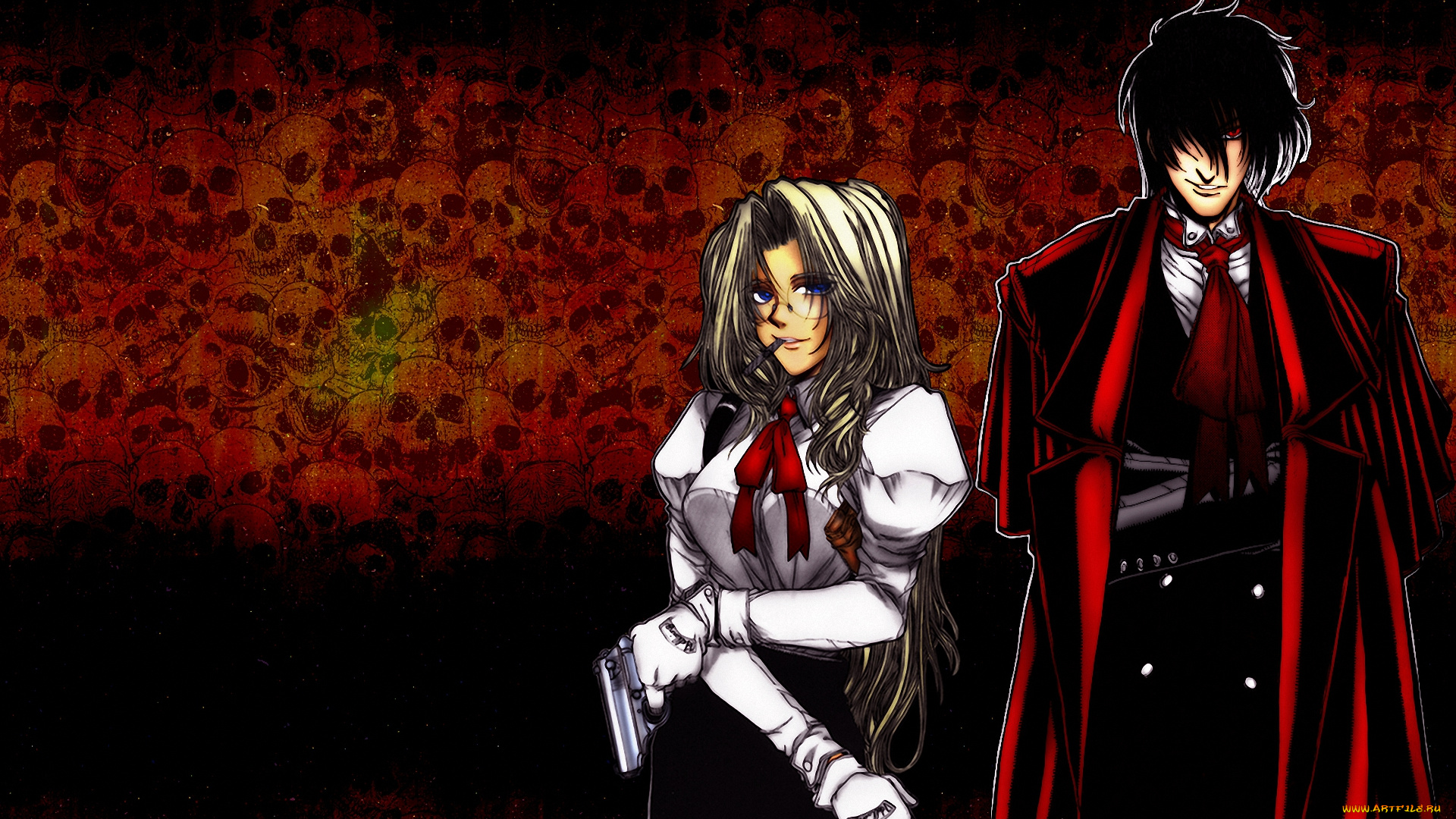 аниме, hellsing, alucard, вампир, черепа, дракула, оружие, пистолет, integra