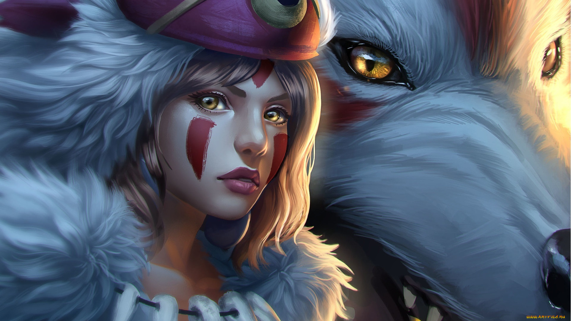 аниме, mononoke, hime, девушка, арт, белый, волк, princess, mononoke, взляд