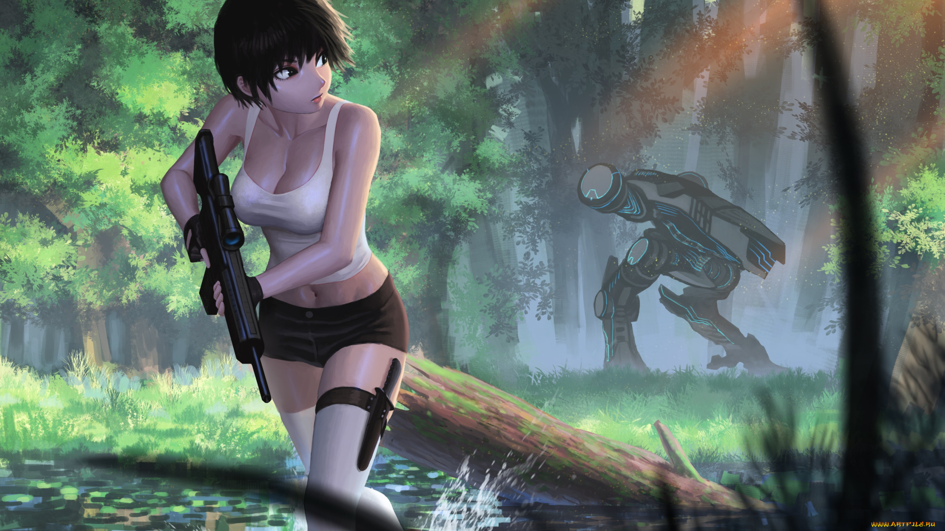 аниме, оружие, , техника, , технологии, джунгли, пулемёт, робот, девушка