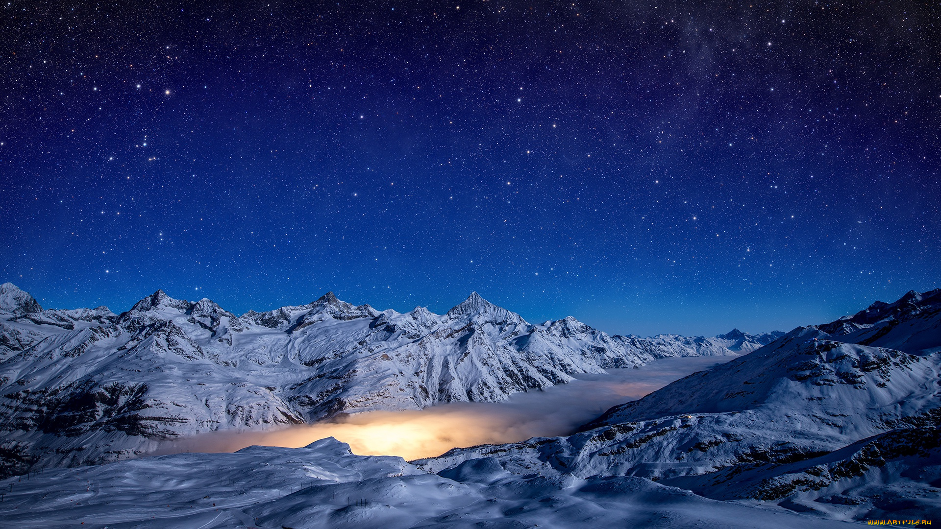 природа, горы, stars, light, pennine, alps, sky, snow, gornergrad, winter, lagoon, nebula, gorner, glacier, night, switzerland, zermat