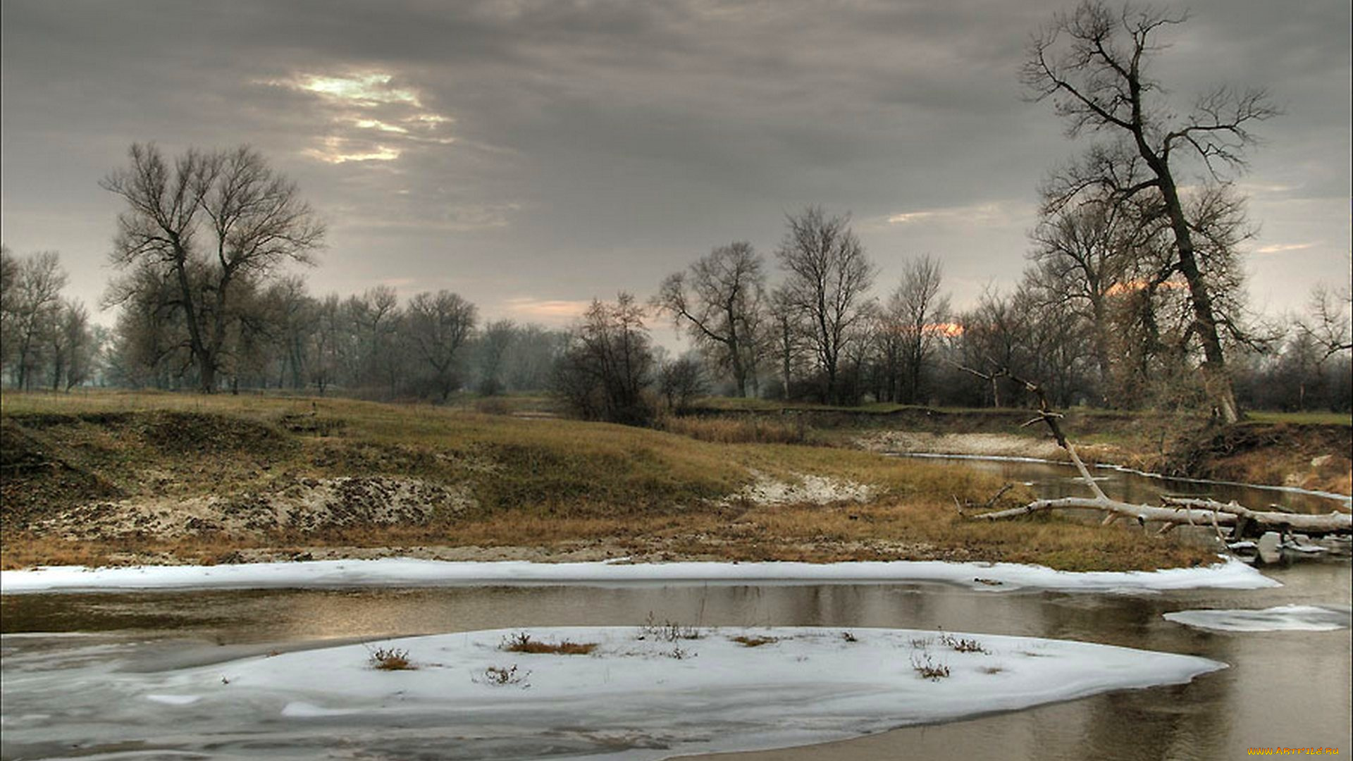 природа, пейзажи, деревья, облака, река, лед