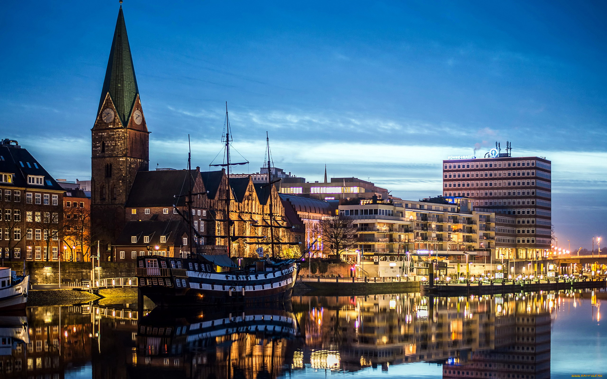 bremen, germany, города, -, огни, ночного, города