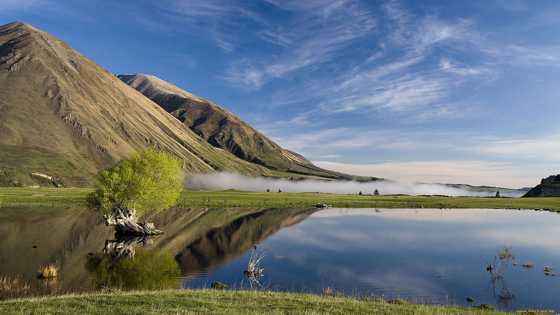 lago, tranquilo, природа, реки, озера, трава, куст, холмы, озеро, горизонт, облака