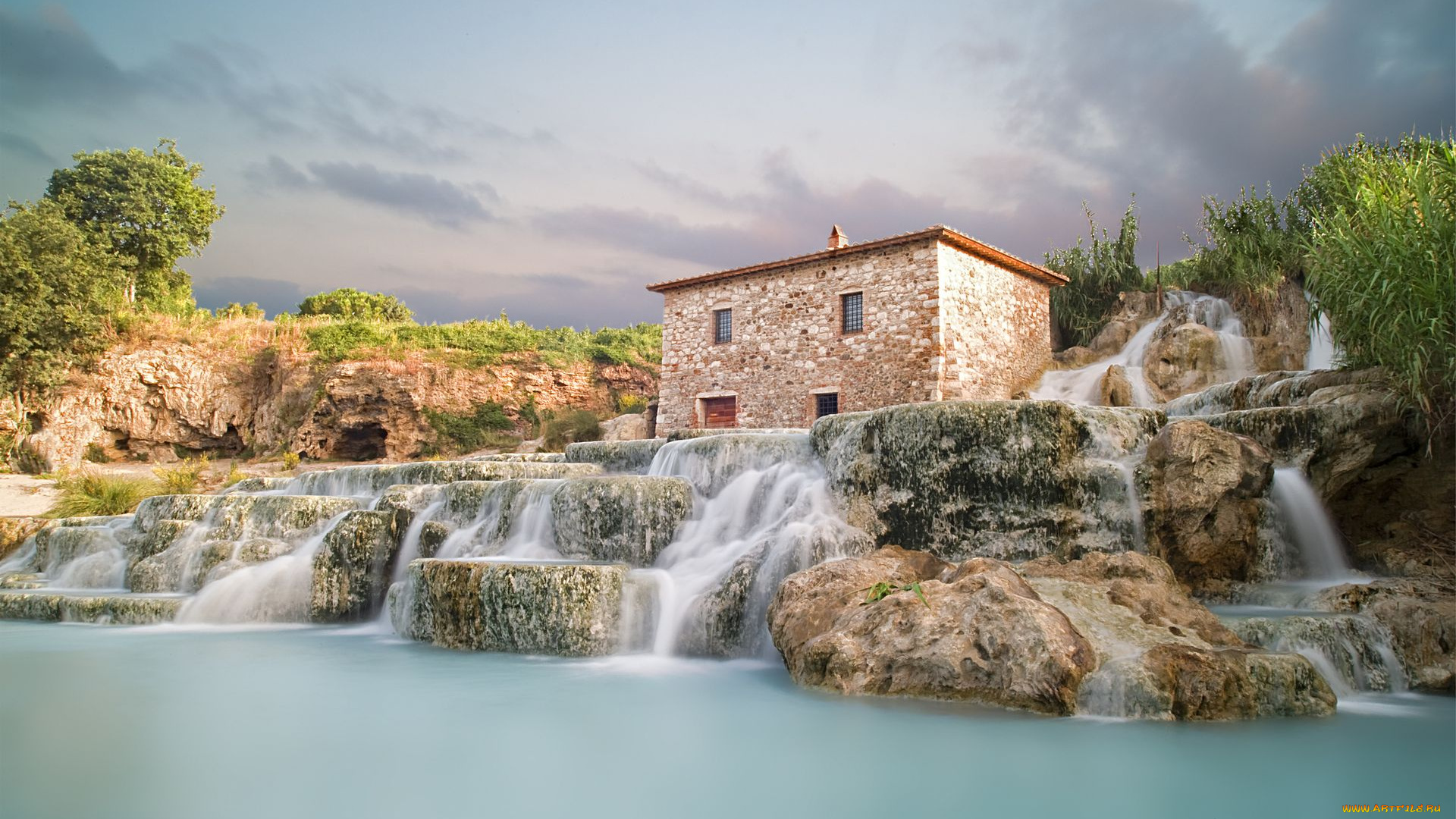 saturnia, italy, природа, водопады, домик, сатурния, пейзаж, италия