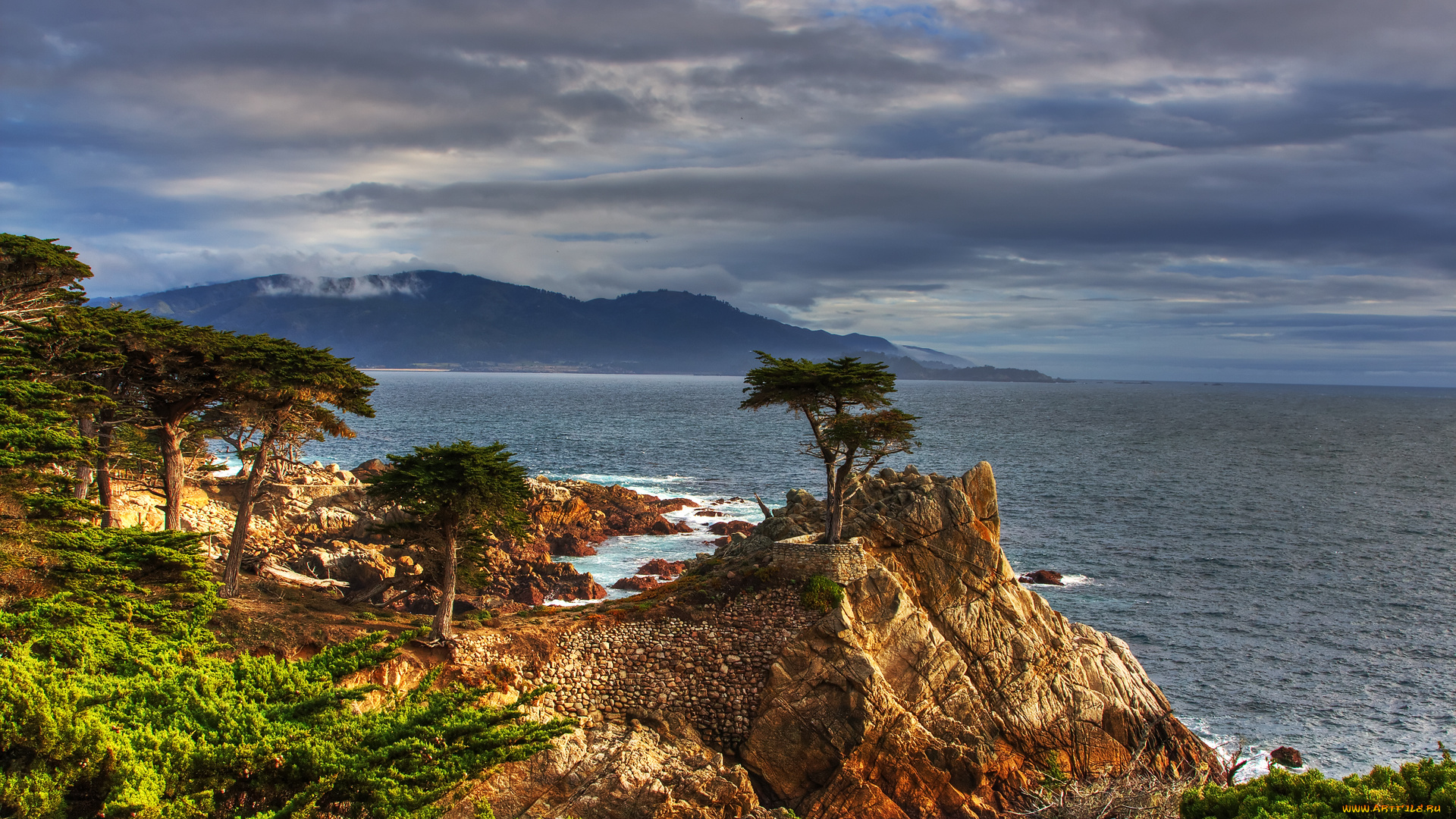 view, point, природа, побережье, море, панорама, горы, деревья