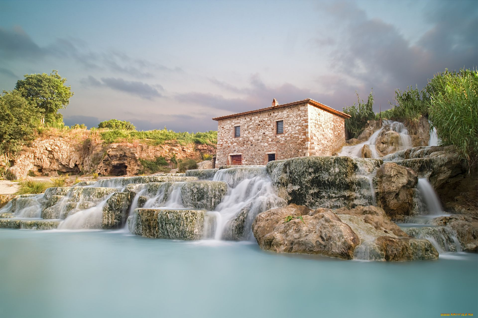 saturnia, italy, природа, водопады, домик, сатурния, пейзаж, италия