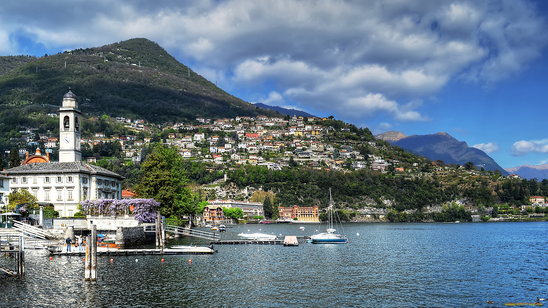 cernobbio, lombardy, italy, города, пейзажи, lake, como, Черноббьо, ломбардия, италия, озеро, комо, горы, причал, яхта, склон