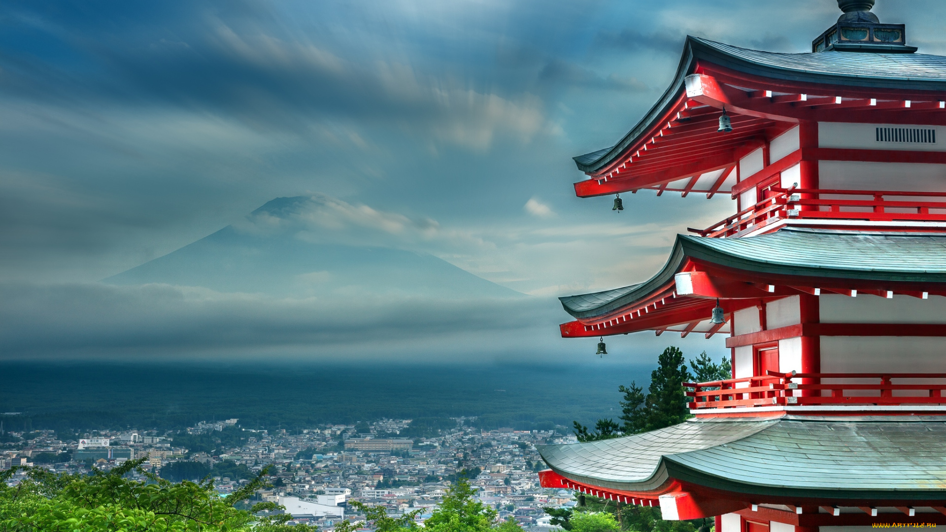 города, панорамы, гора, пагода, fuji, chureito, pagoda, fujiyoshida, yamanashi, japan