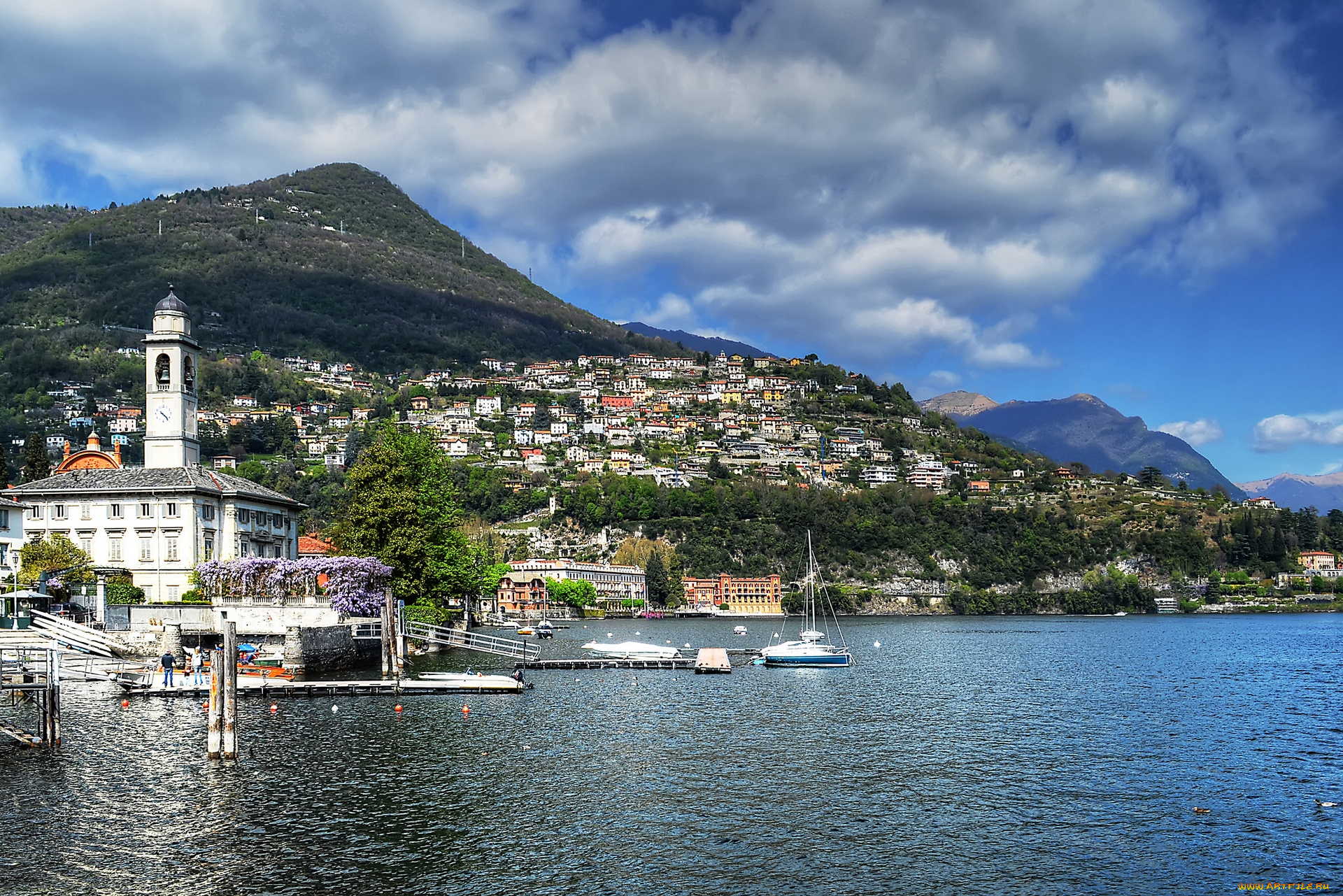 cernobbio, lombardy, italy, города, пейзажи, lake, como, Черноббьо, ломбардия, италия, озеро, комо, горы, причал, яхта, склон