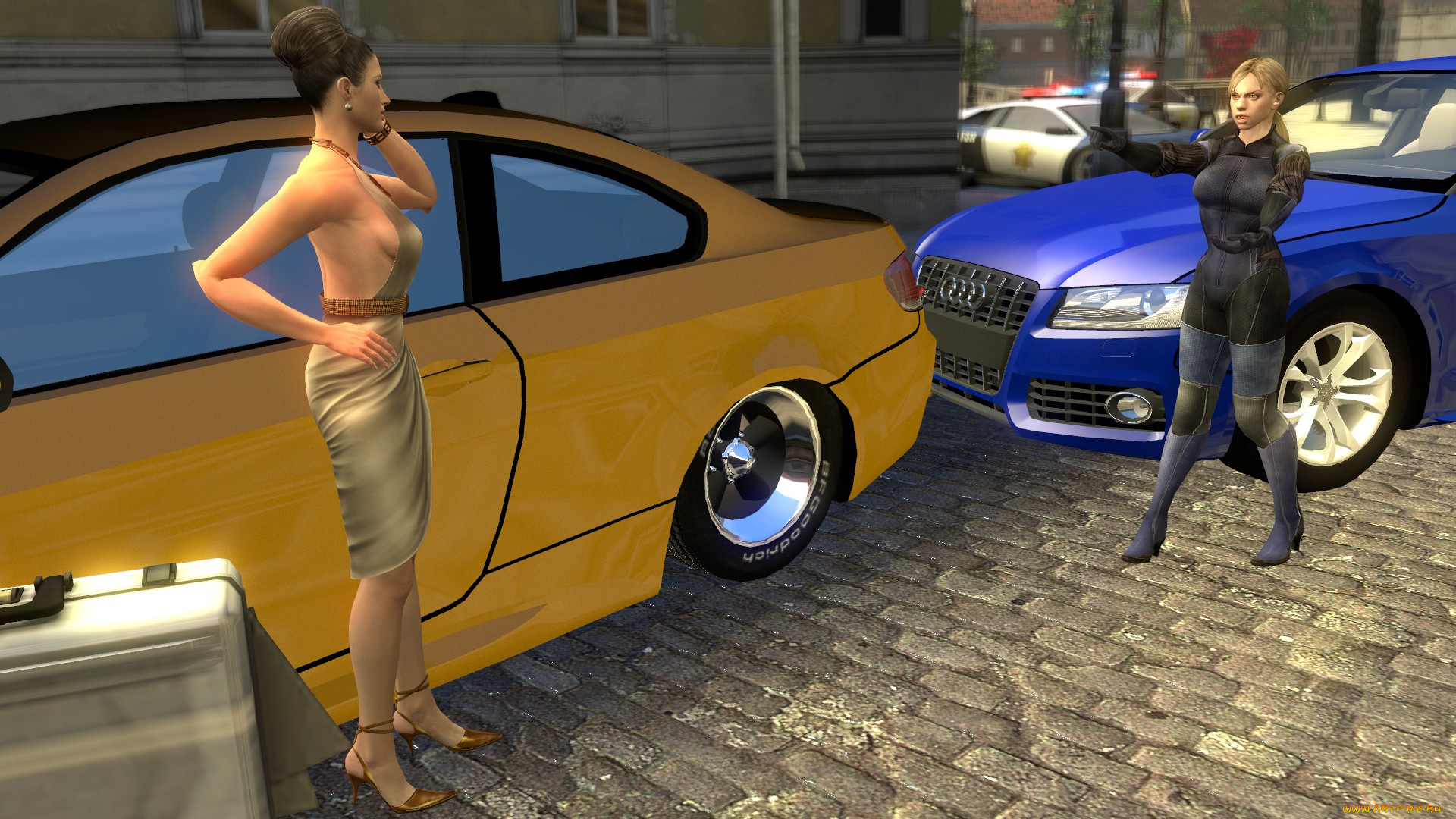 автомобили, 3d, car&girl, взгляд, автомобиль, девушки, фон