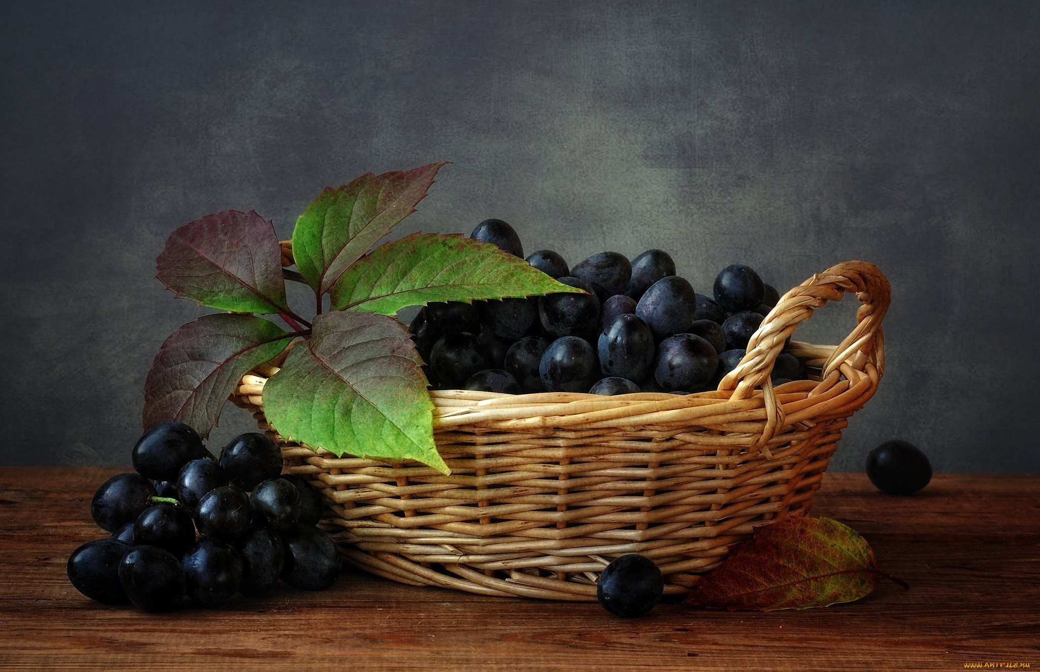 еда, виноград, ягоды, корзинка, листья
