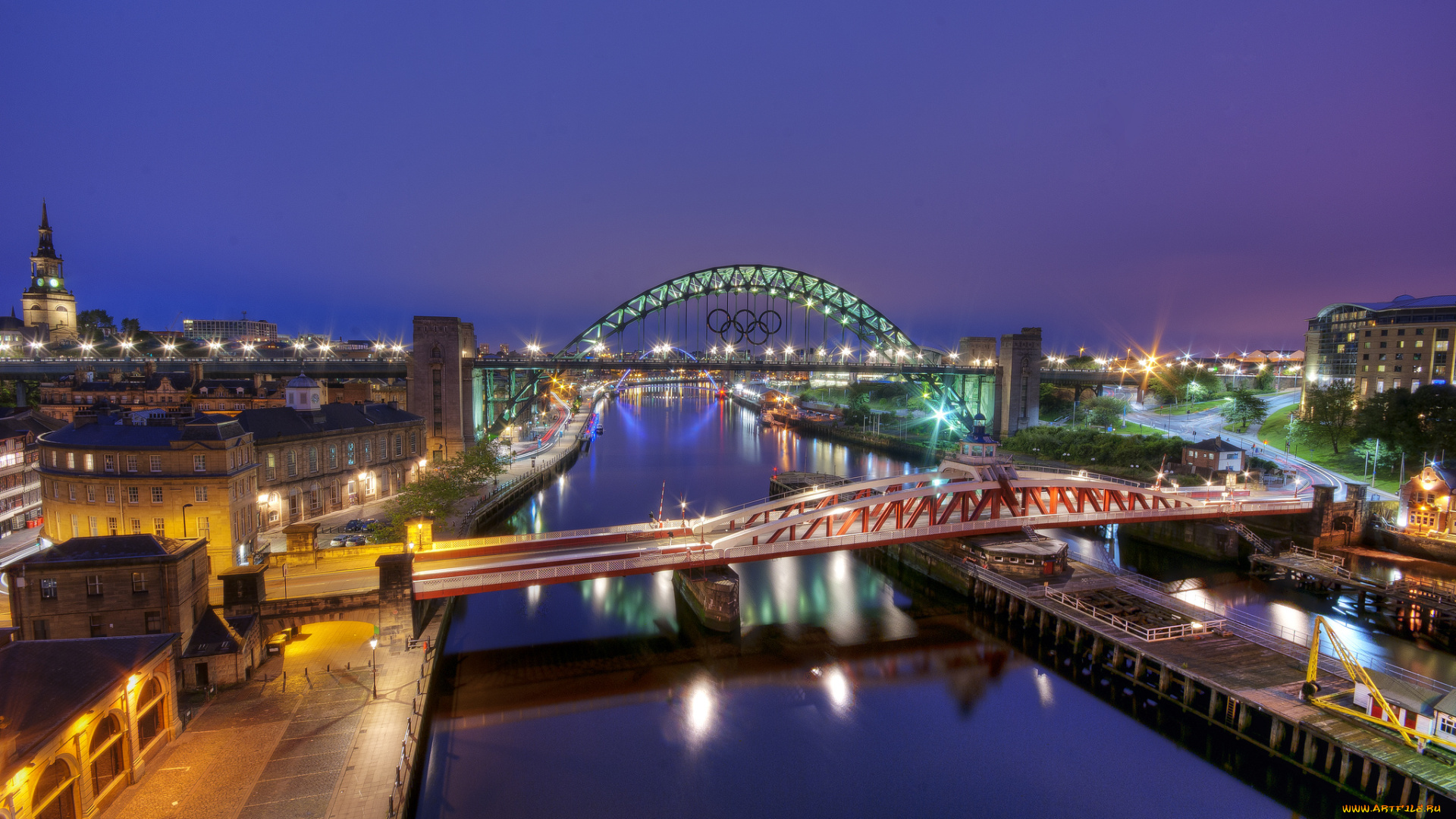 gateshead, england, города, мосты, англия, река, ночной, город