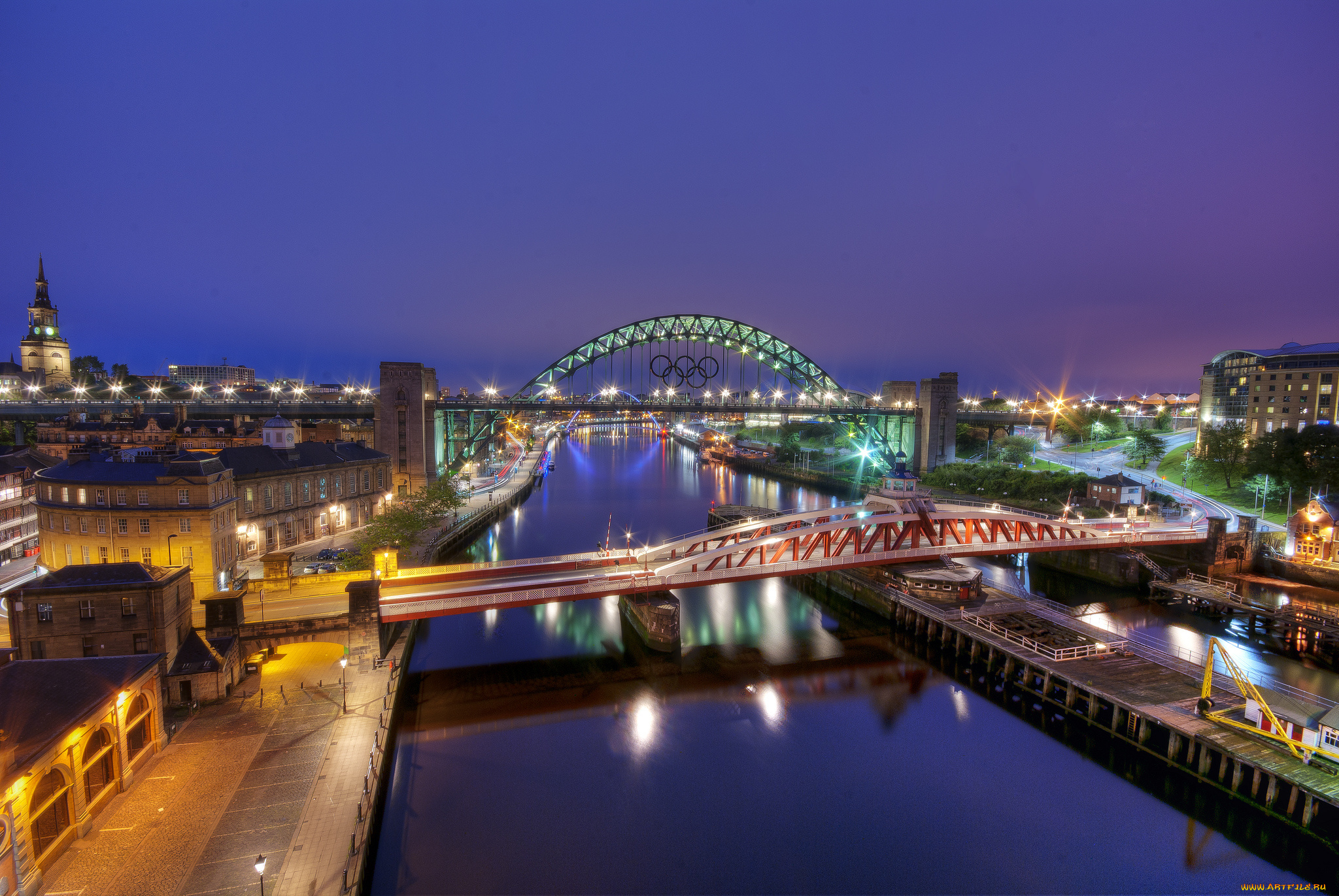 gateshead, england, города, мосты, англия, река, ночной, город