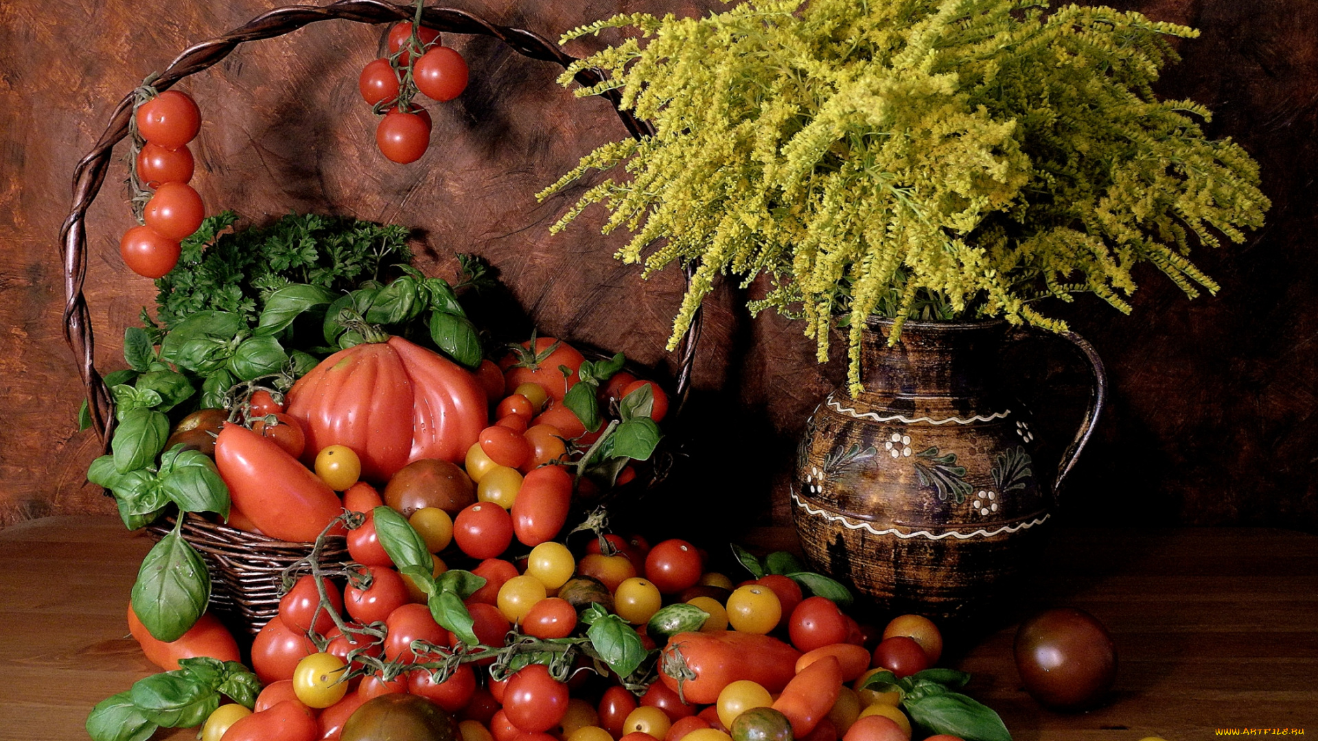 еда, помидоры, томаты, базилик, корзина, петрушка
