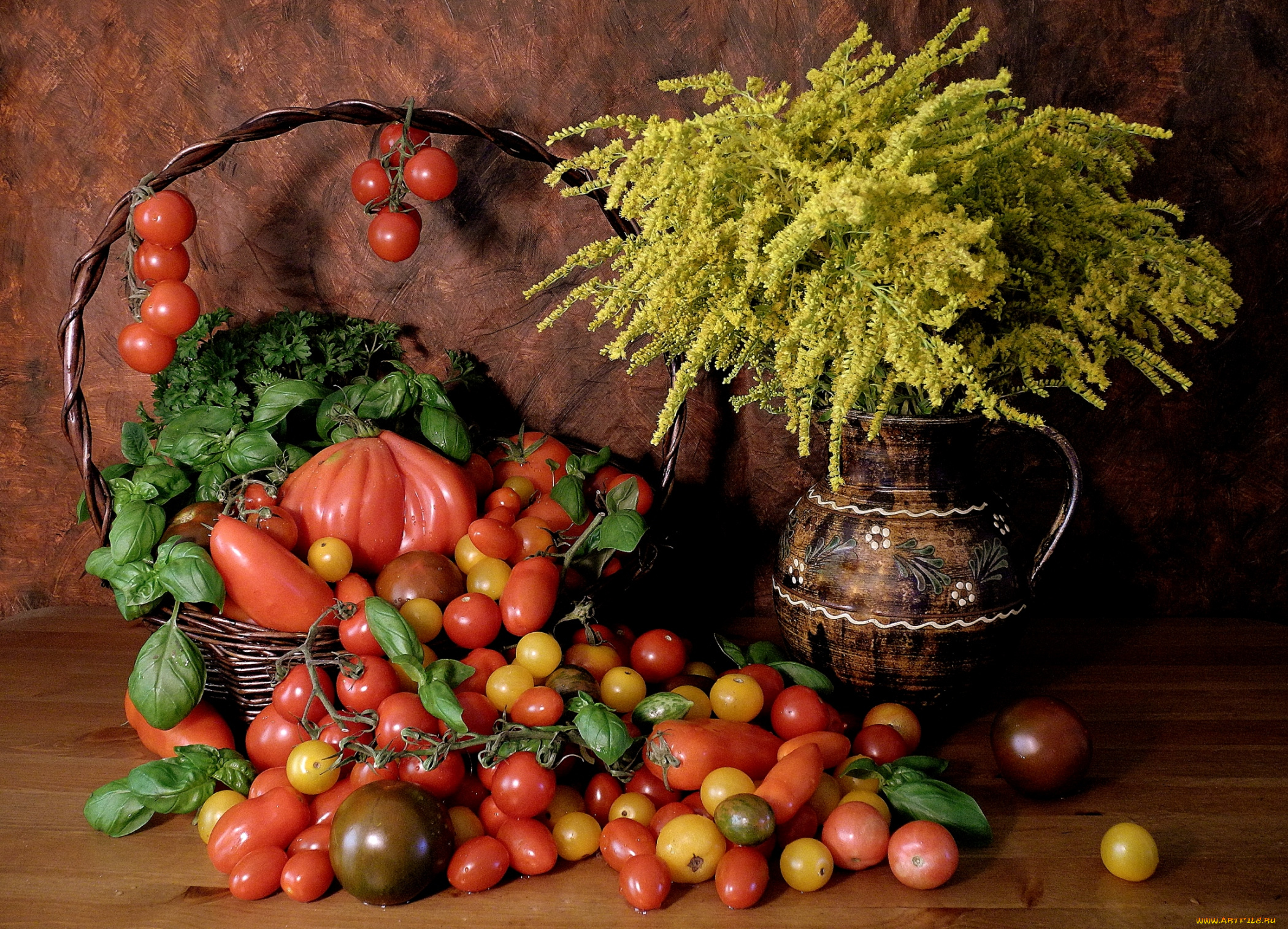 еда, помидоры, томаты, базилик, корзина, петрушка