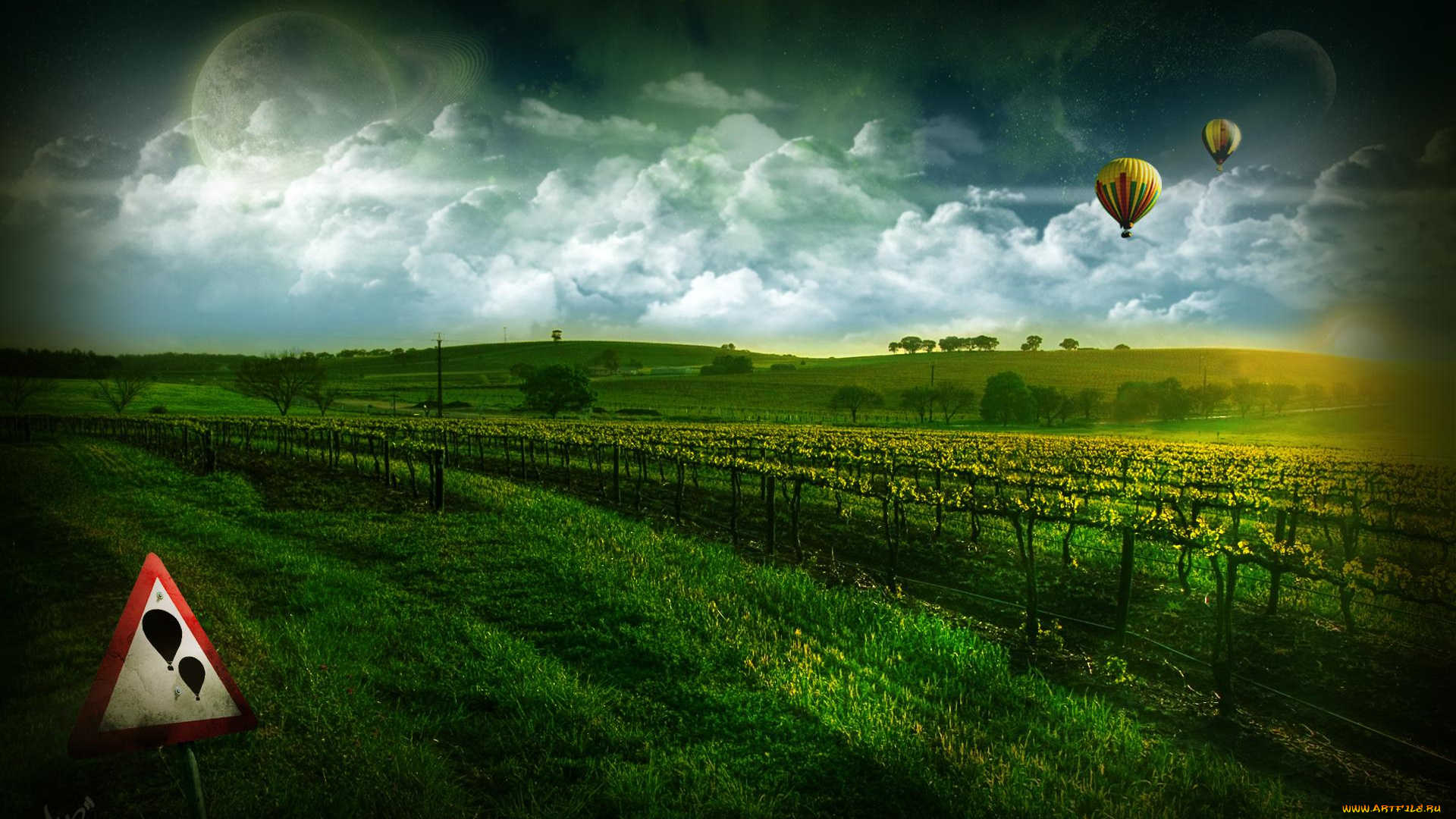 разное, компьютерный, дизайн, виноградник, воздушные, шары, зелень, знак, трава, облака
