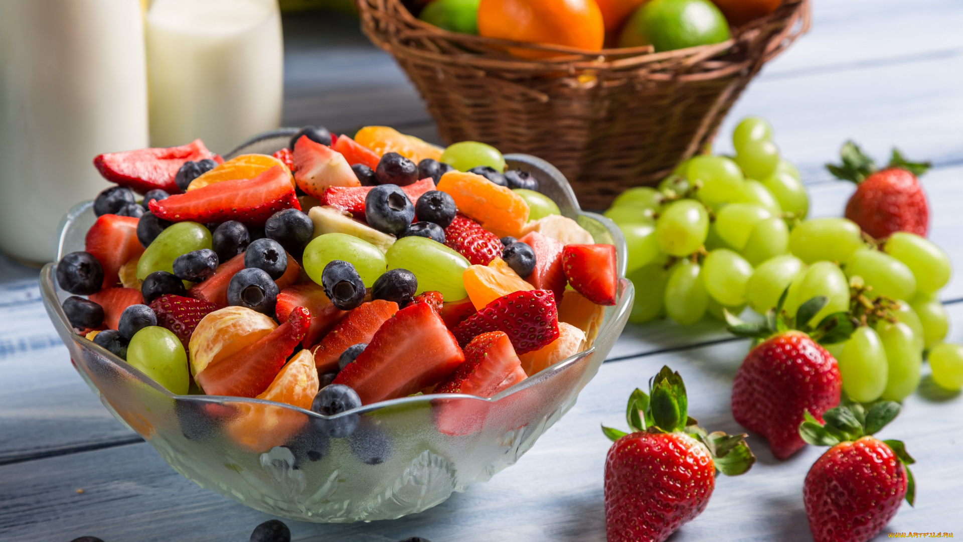 еда, фрукты, , ягоды, десерт, виноград, фруктовый, салат, fruit, клубника, strawberry, черника, salad, мандарин