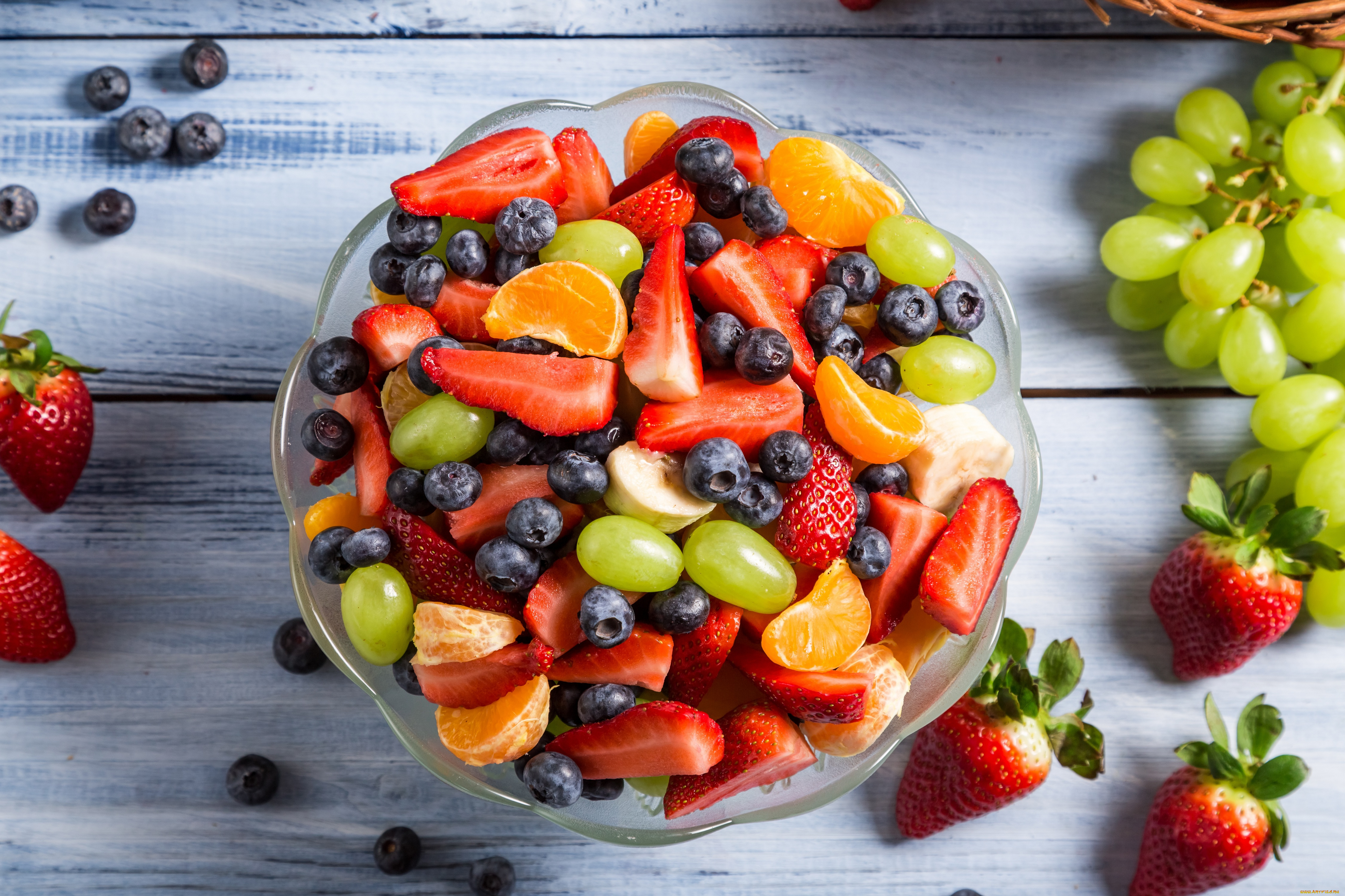 еда, фрукты, , ягоды, десерт, фруктовый, салат, клубника, мандарин, виноград, черника, strawberry, salad, fruit