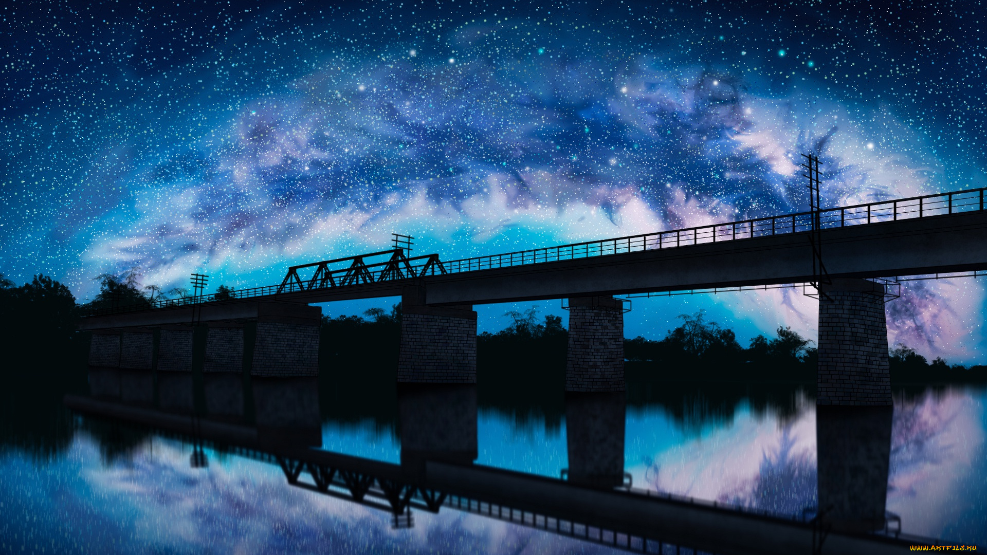 аниме, unknown, , другое, железнодорожные, пути, небо, река, отражение, мост, ночь, liwei191