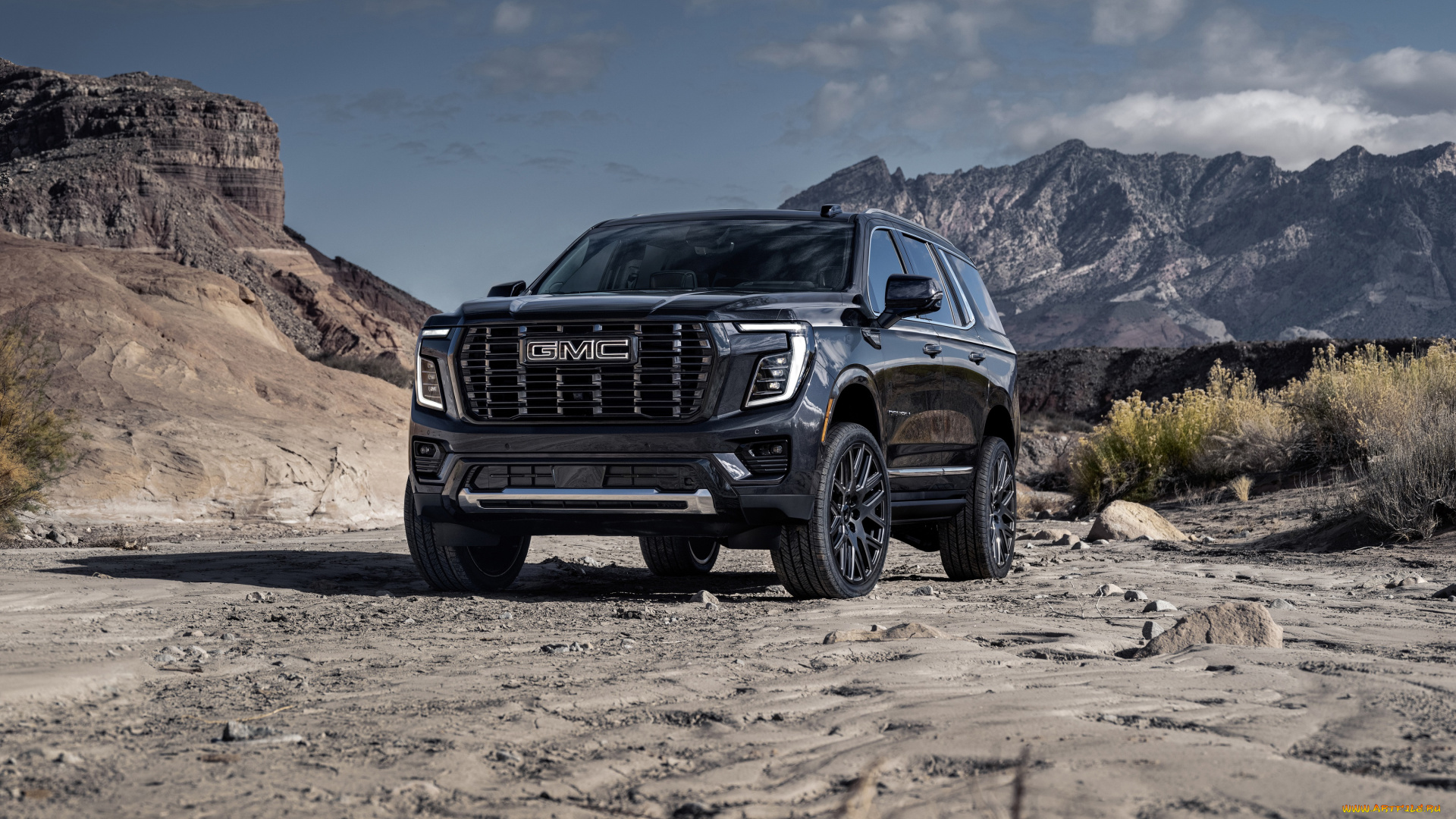 автомобили, gm-gmc, gmc, yukon, denali, ultimate, 2025, чeрный, кроссовер, природа, горы