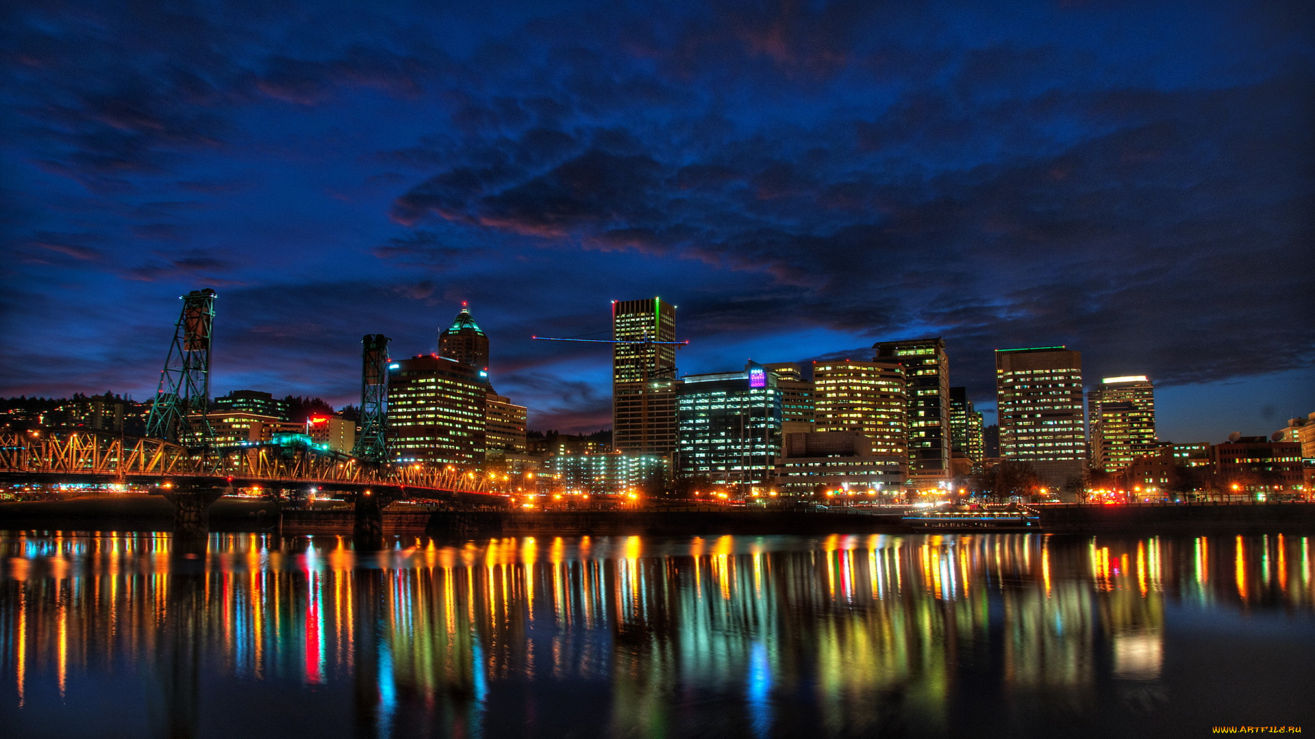 portland, oregon, usа, города, огни, ночного, usa, city, houses, night, сша, побережье, ночь, дома, мост, река