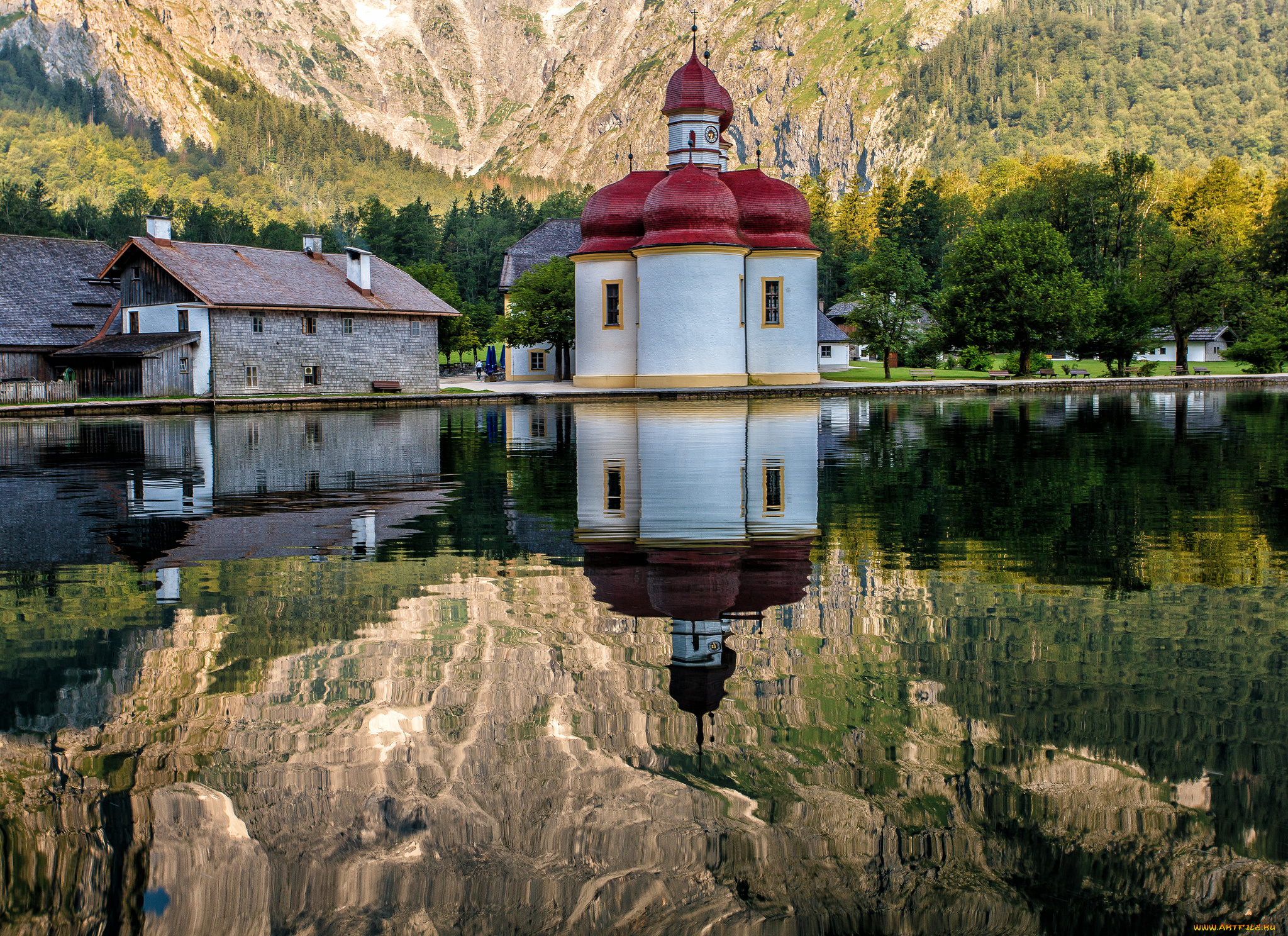 st, bartholomae, k&, 246, nigssee, bavaria, germany, города, католические, соборы, костелы, аббатства, konigssee, кёнигсзе, бавария, германия, озеро, отражение, церковь