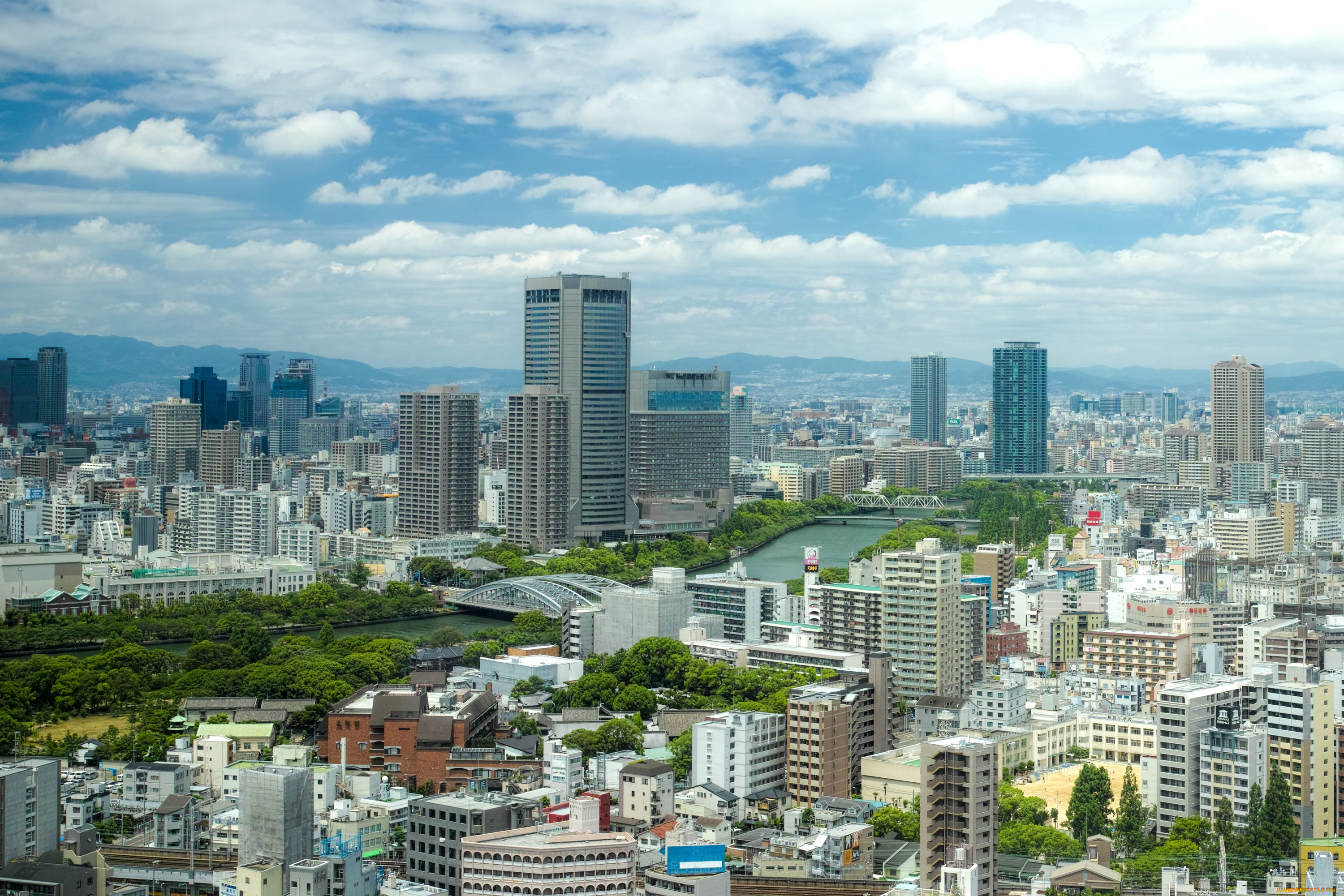 осака, Япония, города, панорамы, мегаполис, дома