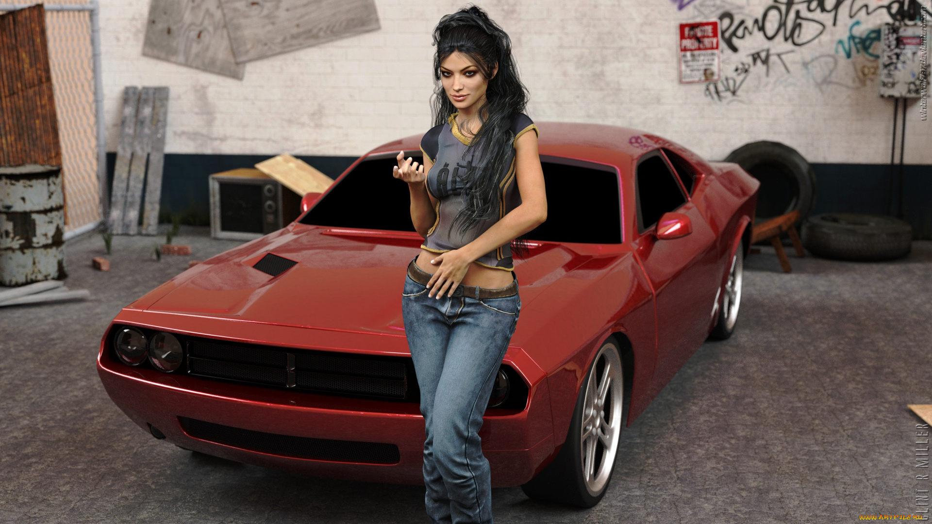 автомобили, 3d, car&girl, автомобиль, фон, девушка, взгляд