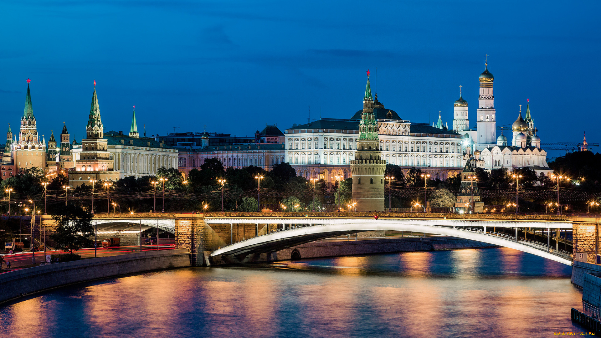 moscow, kremlin, города, москва, , россия, огни, башни, мост, ночь, река