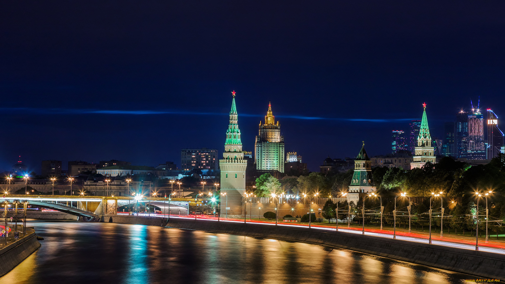 moscow, kremlin, города, москва, , россия, огни, башни, мост, река, ночь