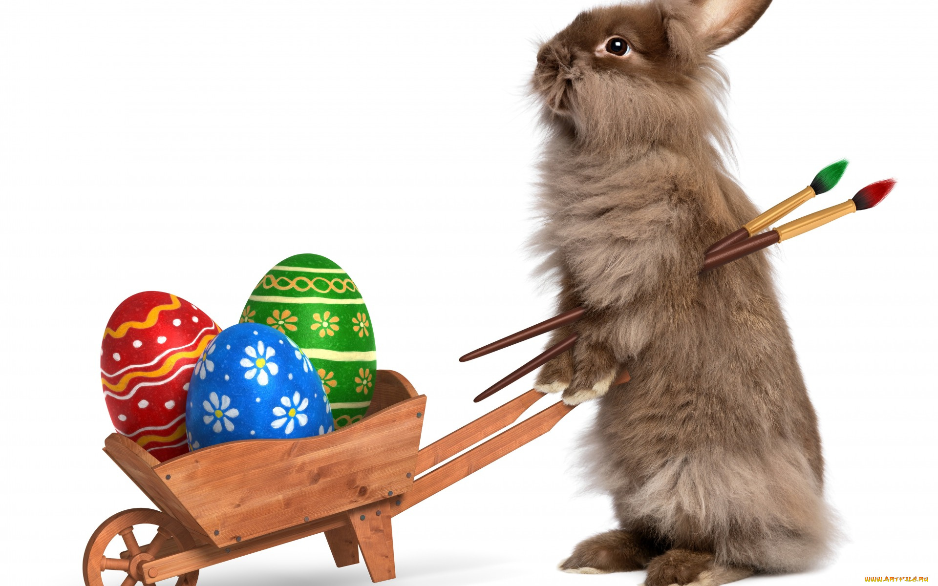 праздничные, пасха, holidays, easter, тележка, яйца, крашенные, кисточки, кролик, rabbits