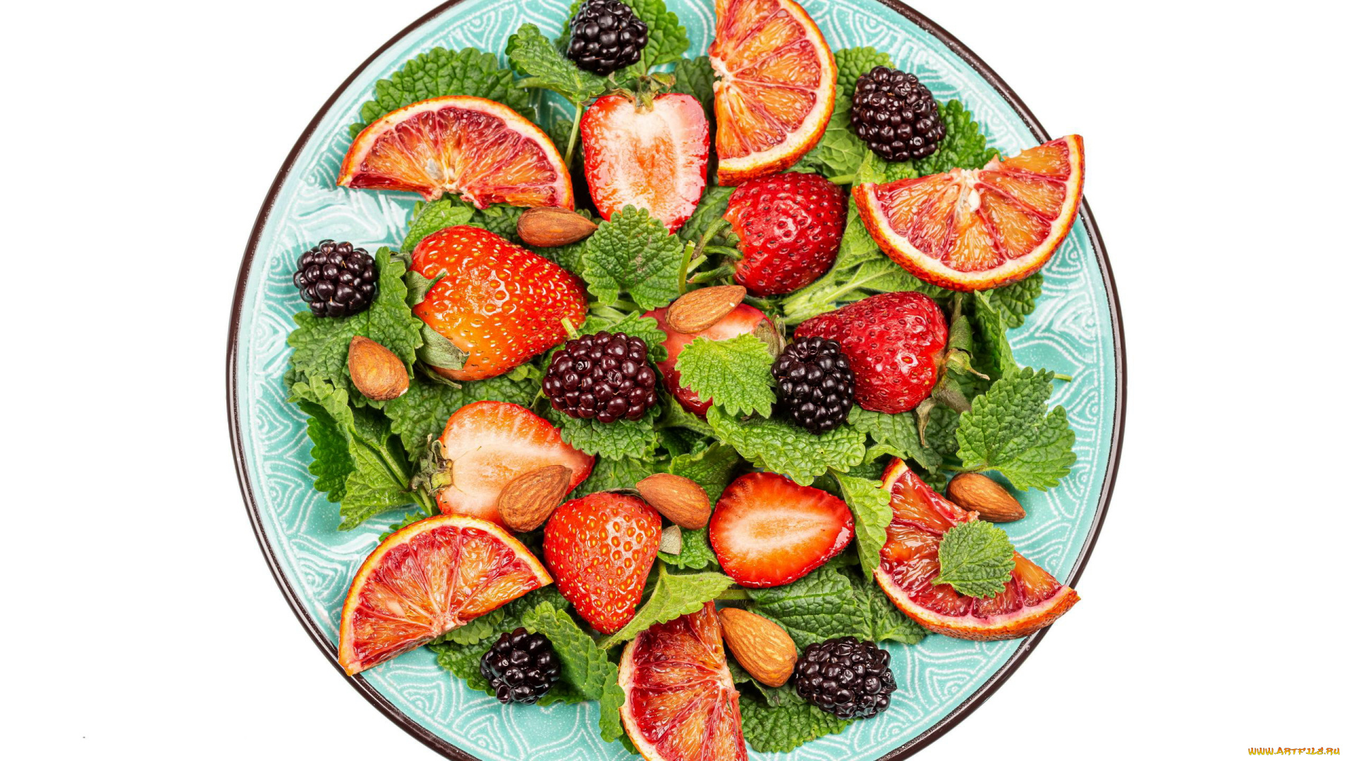 еда, фрукты, , ягоды, миндаль, клубника, ежевика, мята