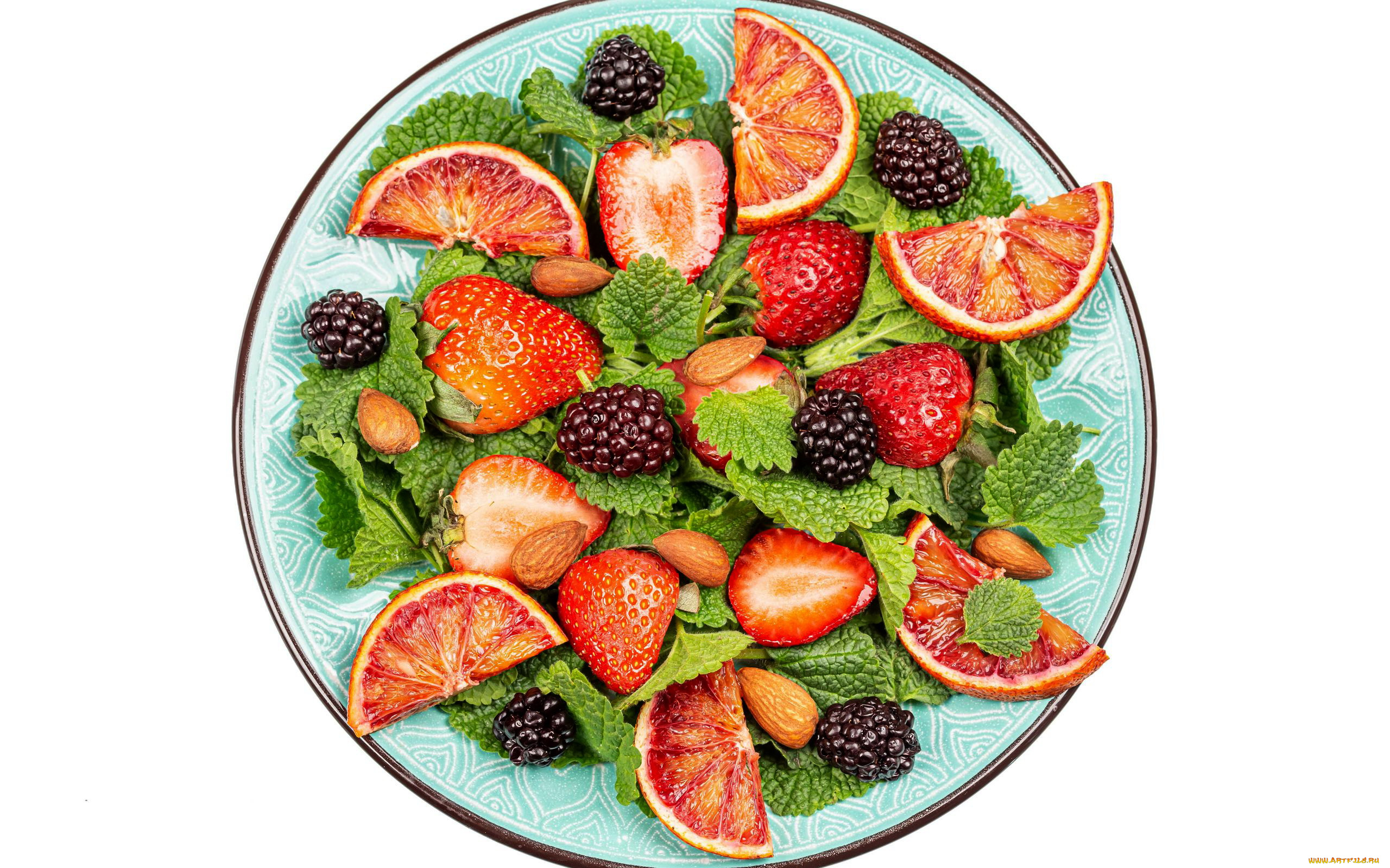 еда, фрукты, , ягоды, миндаль, клубника, ежевика, мята