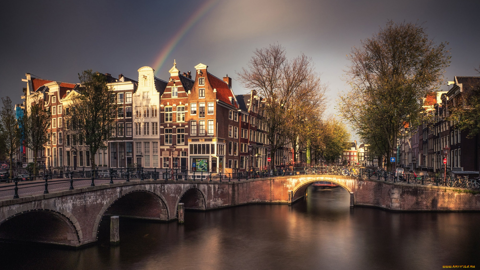 города, амстердам, , нидерланды, канал, мосты, радуга