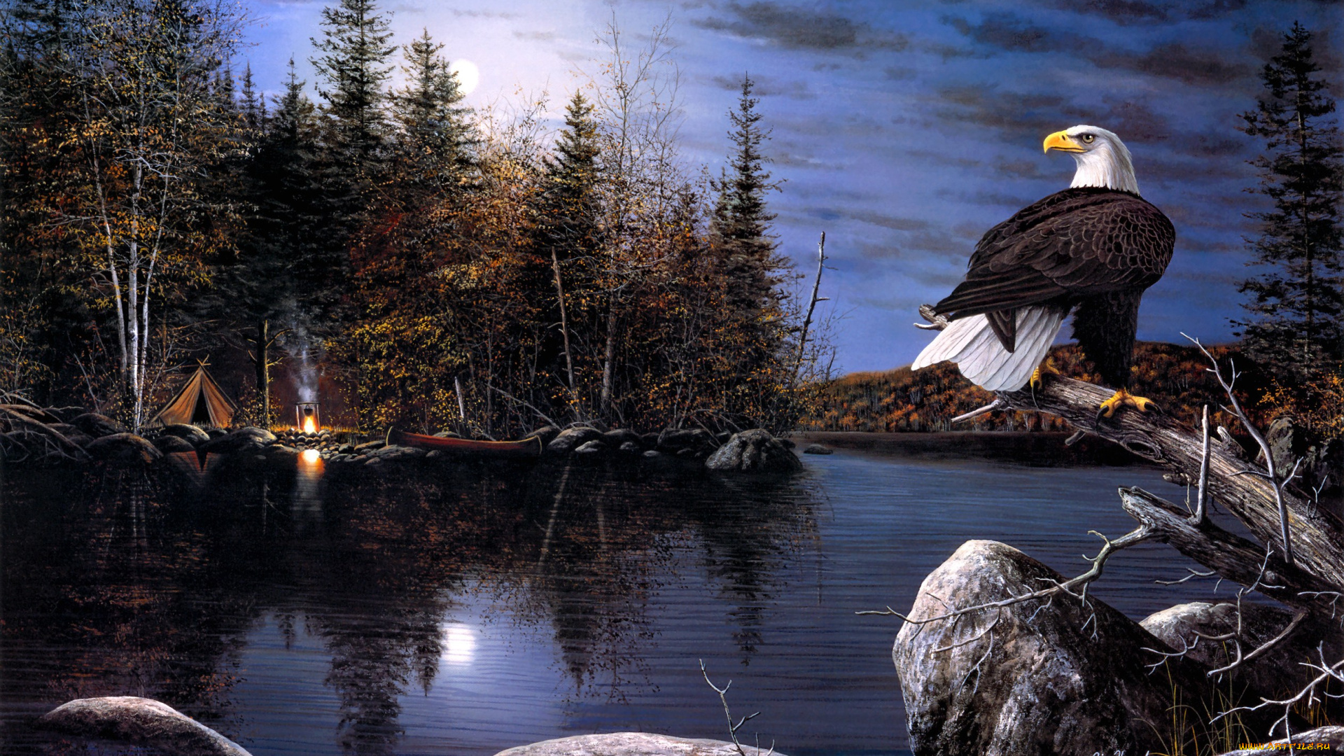 reflections, рисованные, jim, hansel, луна, осень, орел, река, палатка