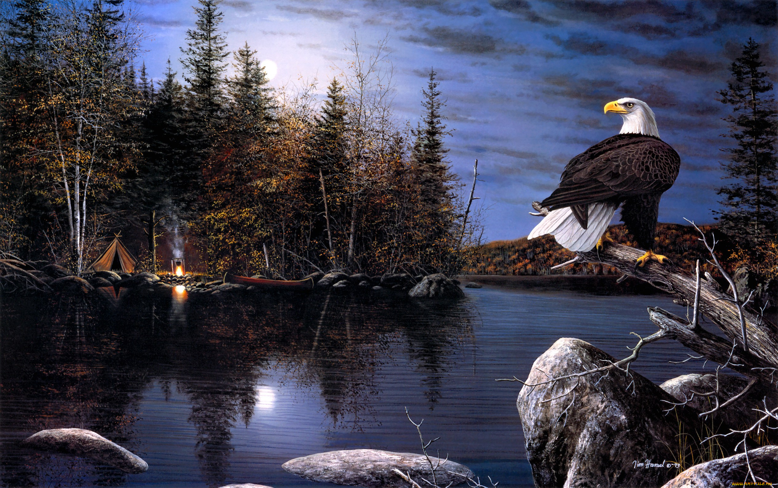 reflections, рисованные, jim, hansel, луна, осень, орел, река, палатка