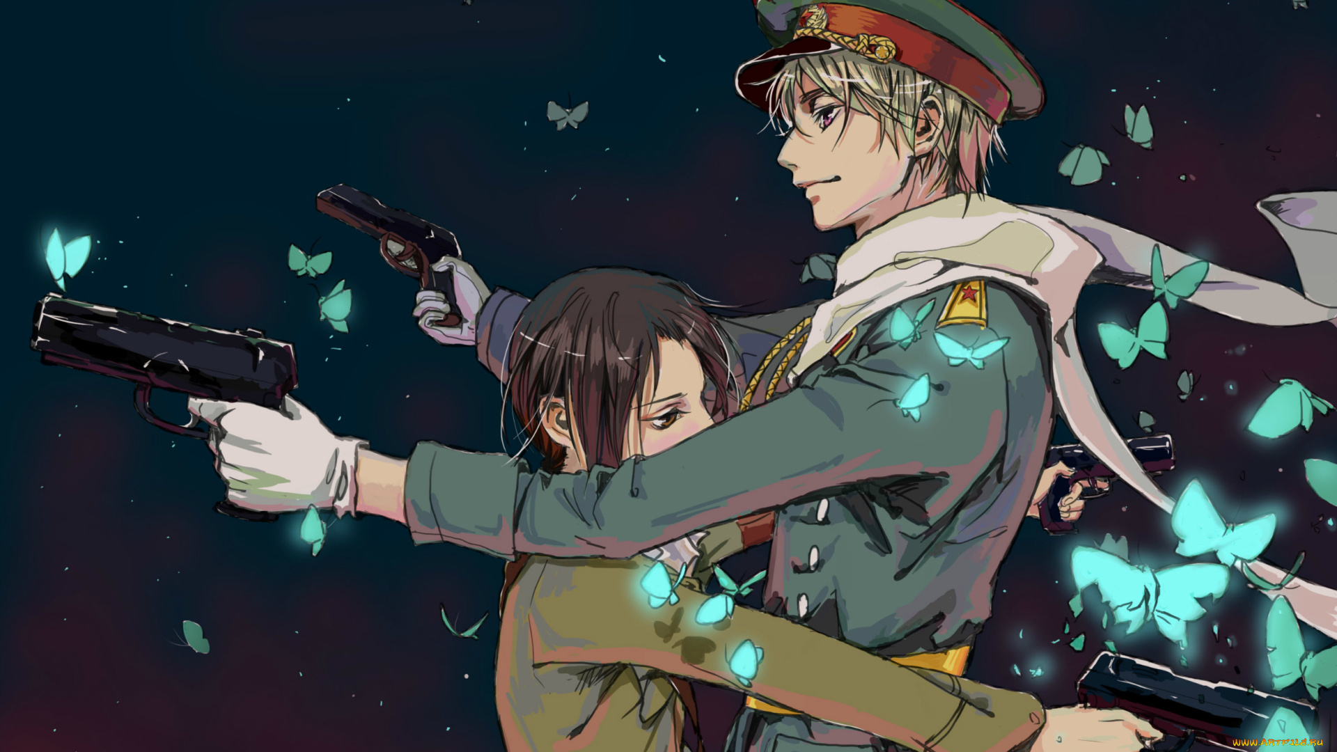 аниме, hetalia, , axis, powers, военная, форма, погоны, бабочки, звезда, russia, axis, powers, china, пистолет, фуражка