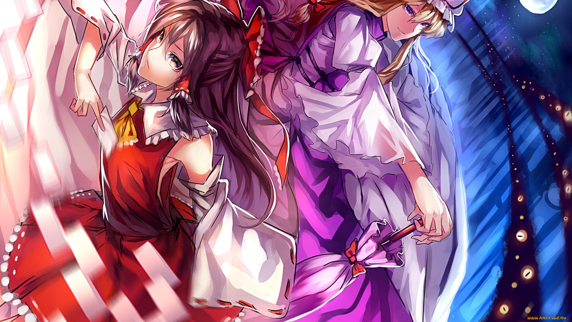 аниме, touhou, hakurei, reimu, uu-uu-zan, девушки, арт, зонт, луна, ночь, yakumo, yukari