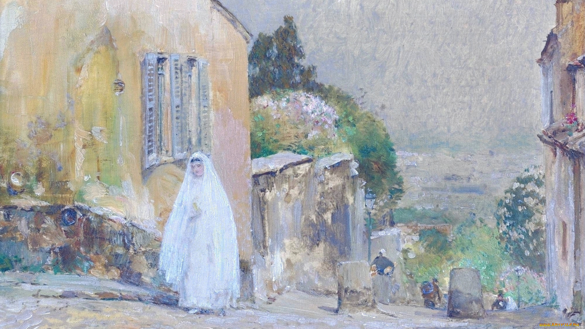 spring, morning, rue, mt, , cenis, montmartre, рисованное, frederick, childe, hassam, люди, здания, дома, склон, улица, город