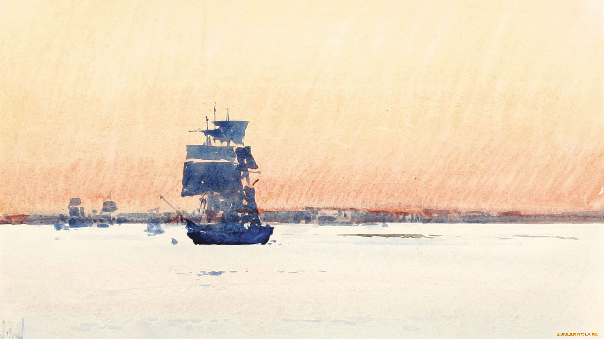 square, rigger, рисованное, frederick, childe, hassam, небо, парусники, корабли, море