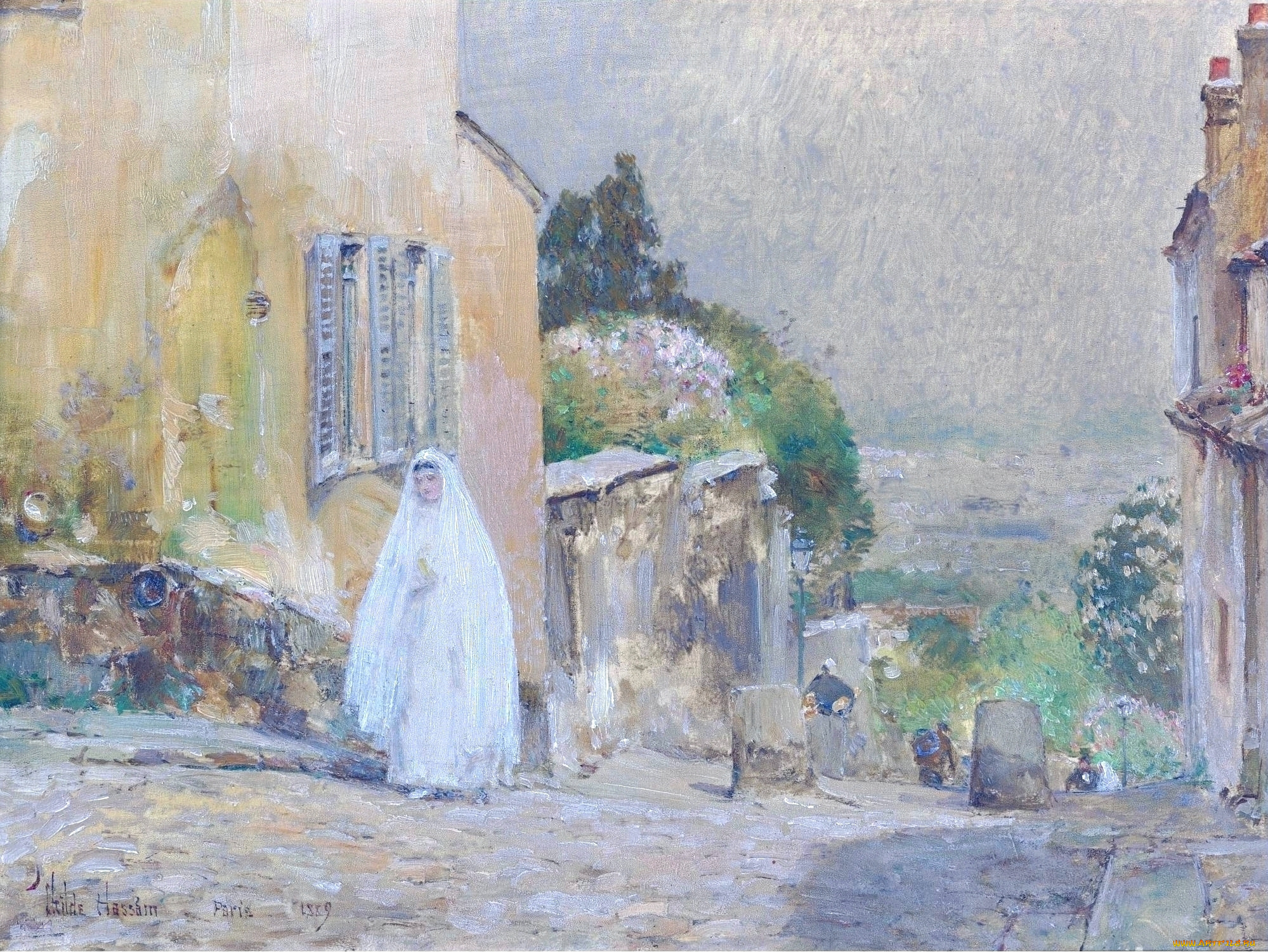 spring, morning, rue, mt, , cenis, montmartre, рисованное, frederick, childe, hassam, люди, здания, дома, склон, улица, город