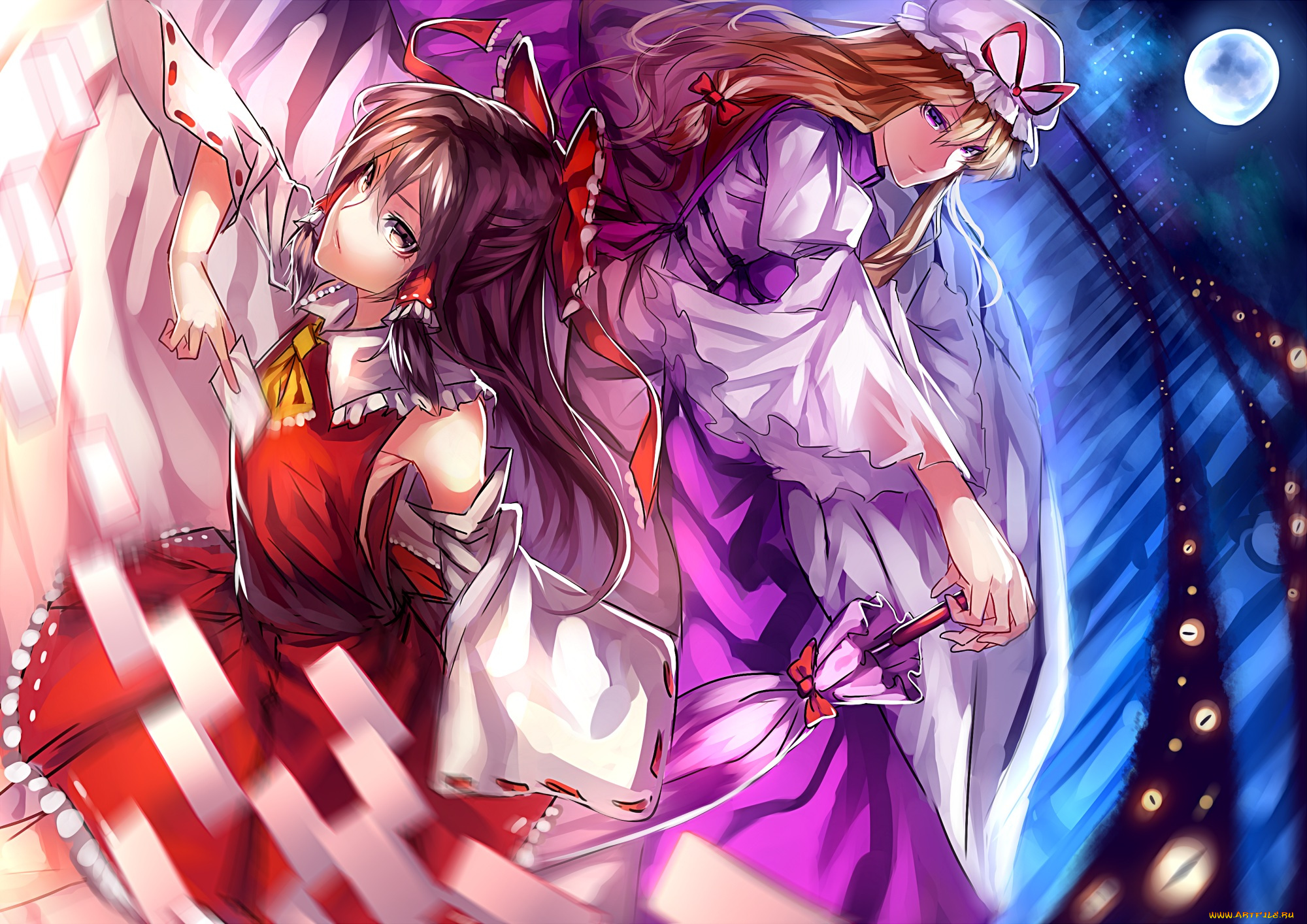 аниме, touhou, hakurei, reimu, uu-uu-zan, девушки, арт, зонт, луна, ночь, yakumo, yukari