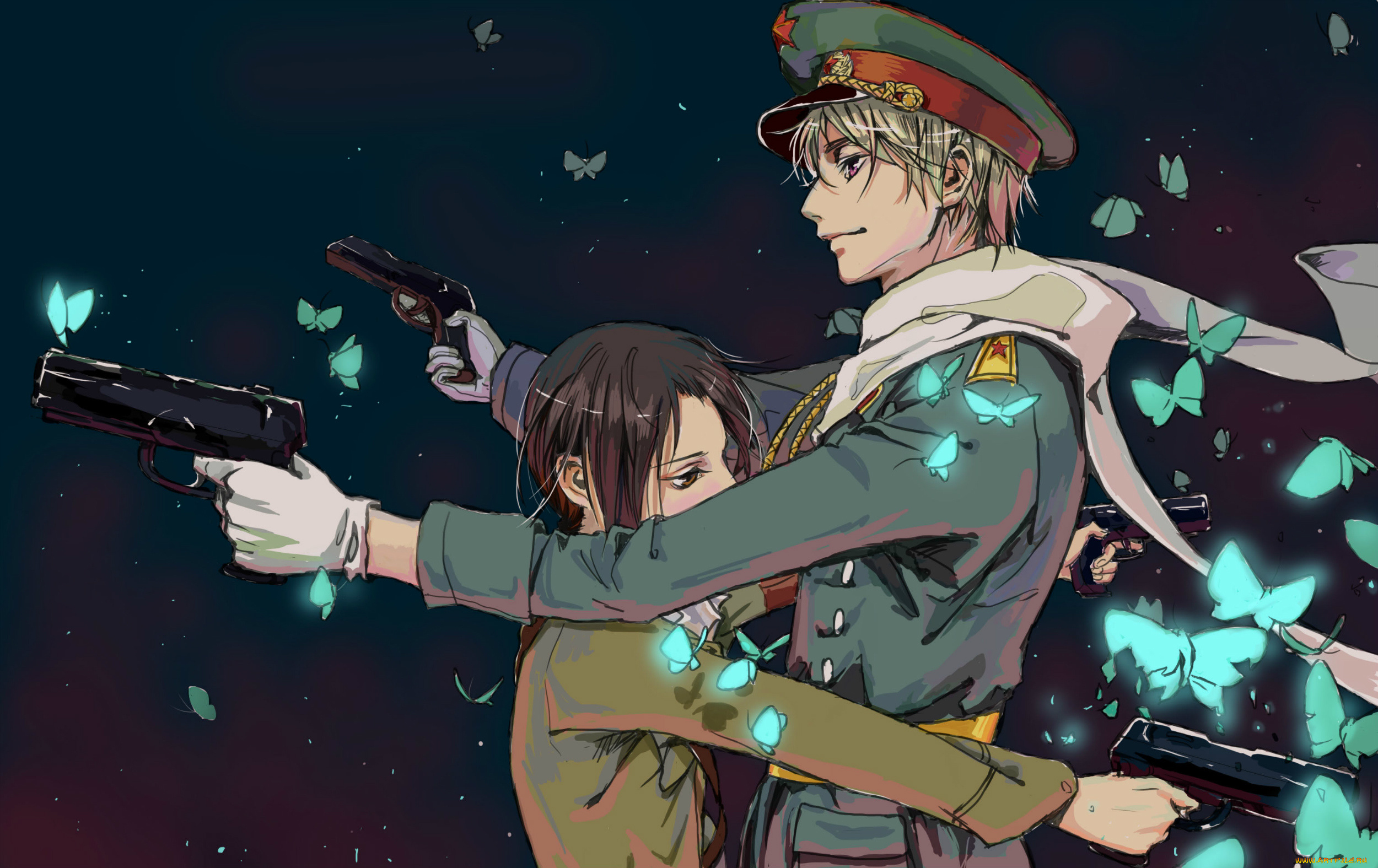 аниме, hetalia, , axis, powers, военная, форма, погоны, бабочки, звезда, russia, axis, powers, china, пистолет, фуражка