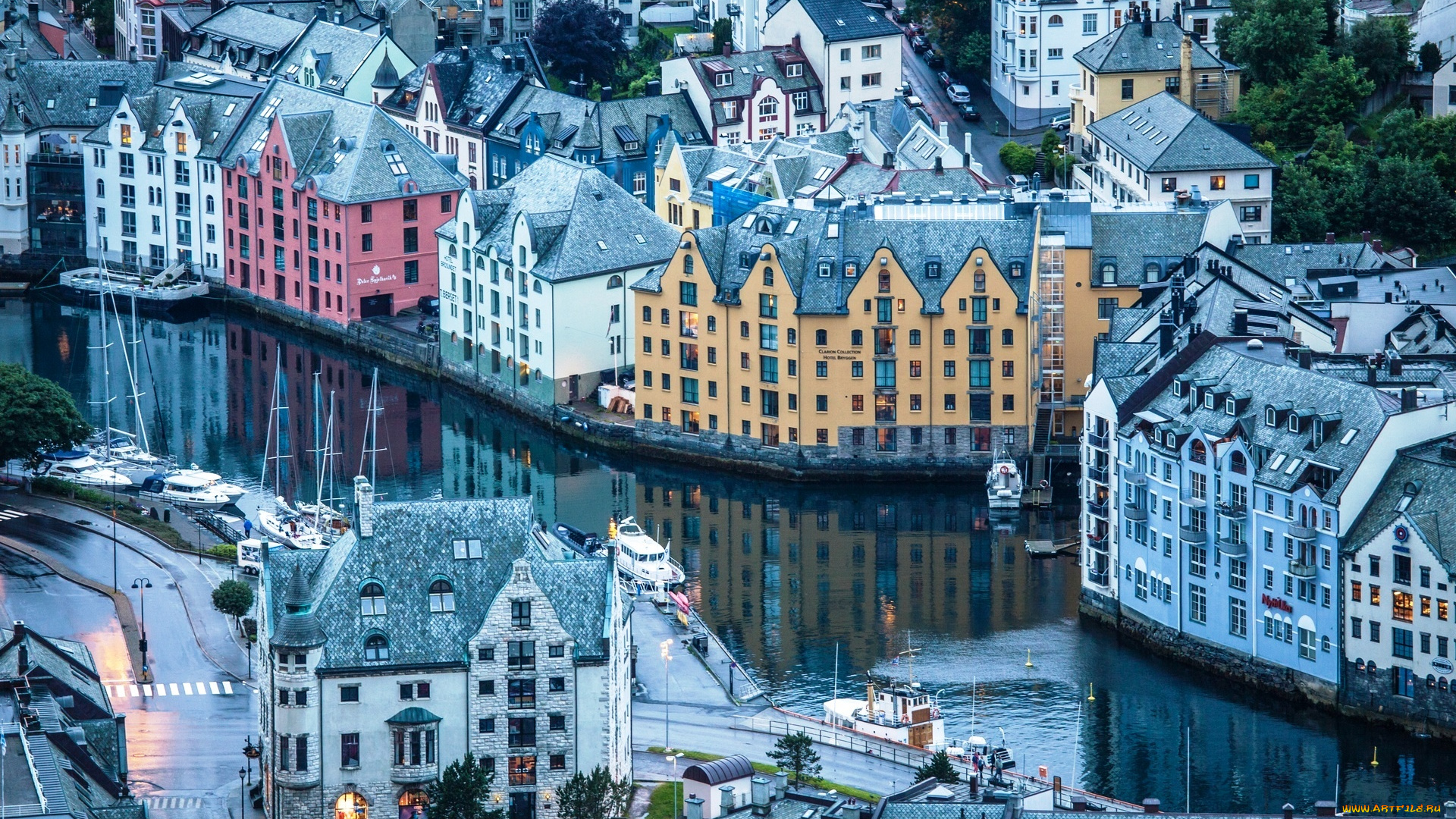 города, олесунн, , норвегия, яхты, здания, дома, каналы