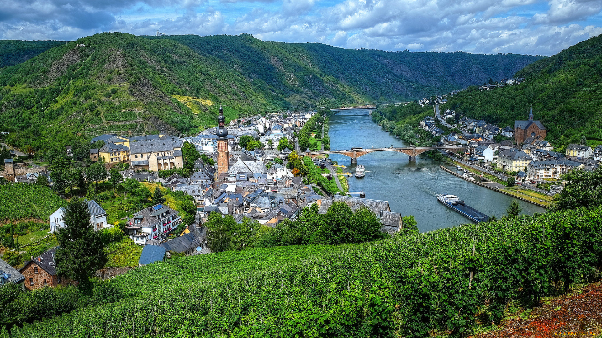 cochem, on, the, mosel, river, города, -, панорамы, шпиль, мост, река