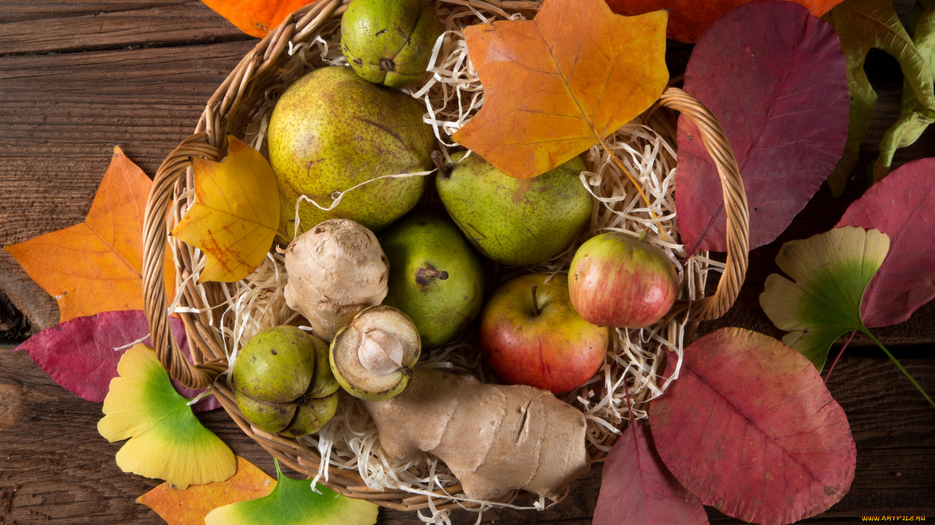 еда, фрукты, , ягоды, дары, осени, листья, корзина, груши, яблоки