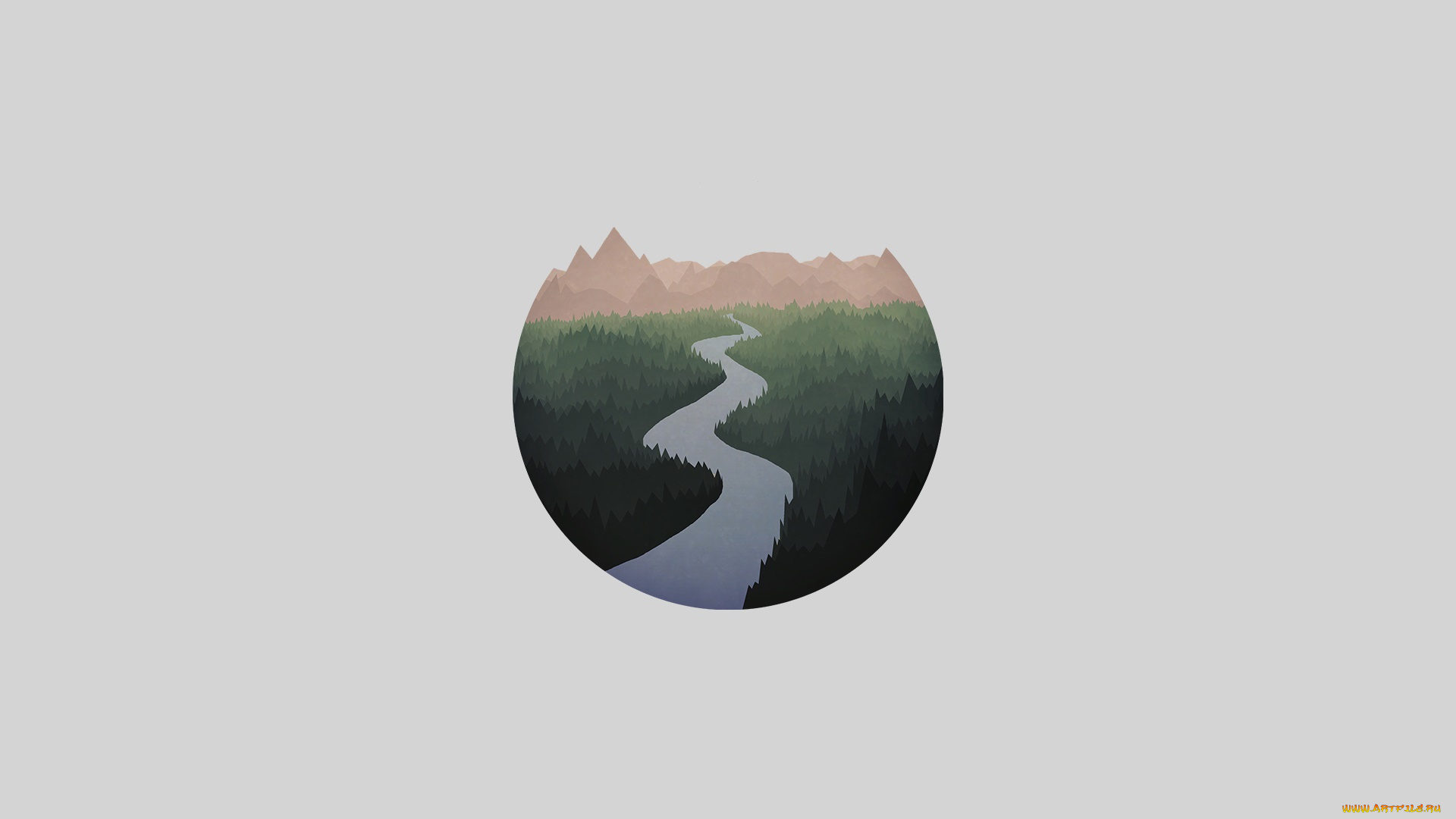 рисованное, минимализм, горы, лес, река